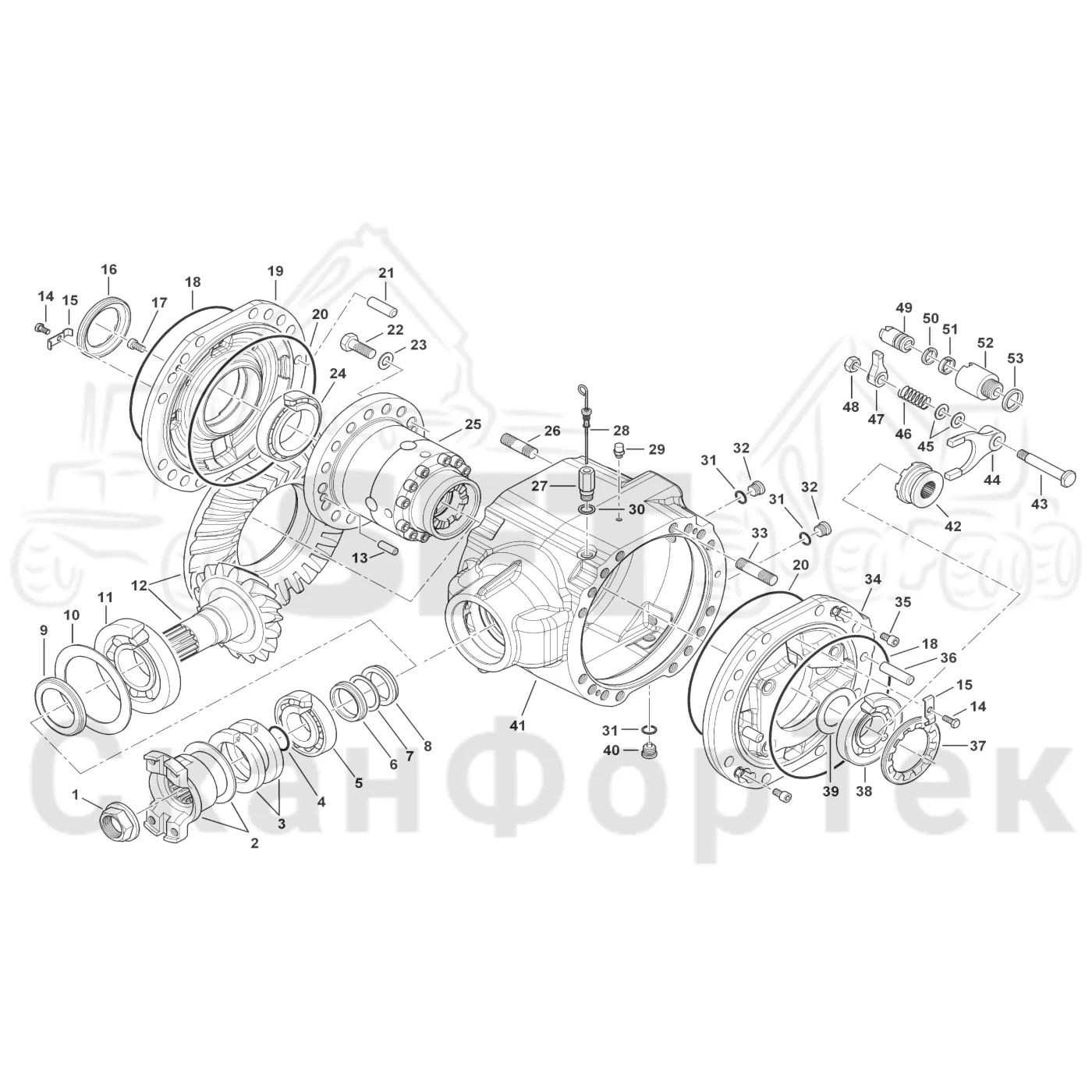 Схема: Komatsu / Форвардер / 845 / Каталог запасных частей / Коробка передач / Мост каретки / каретки / Standard Bogie / Дифференциал