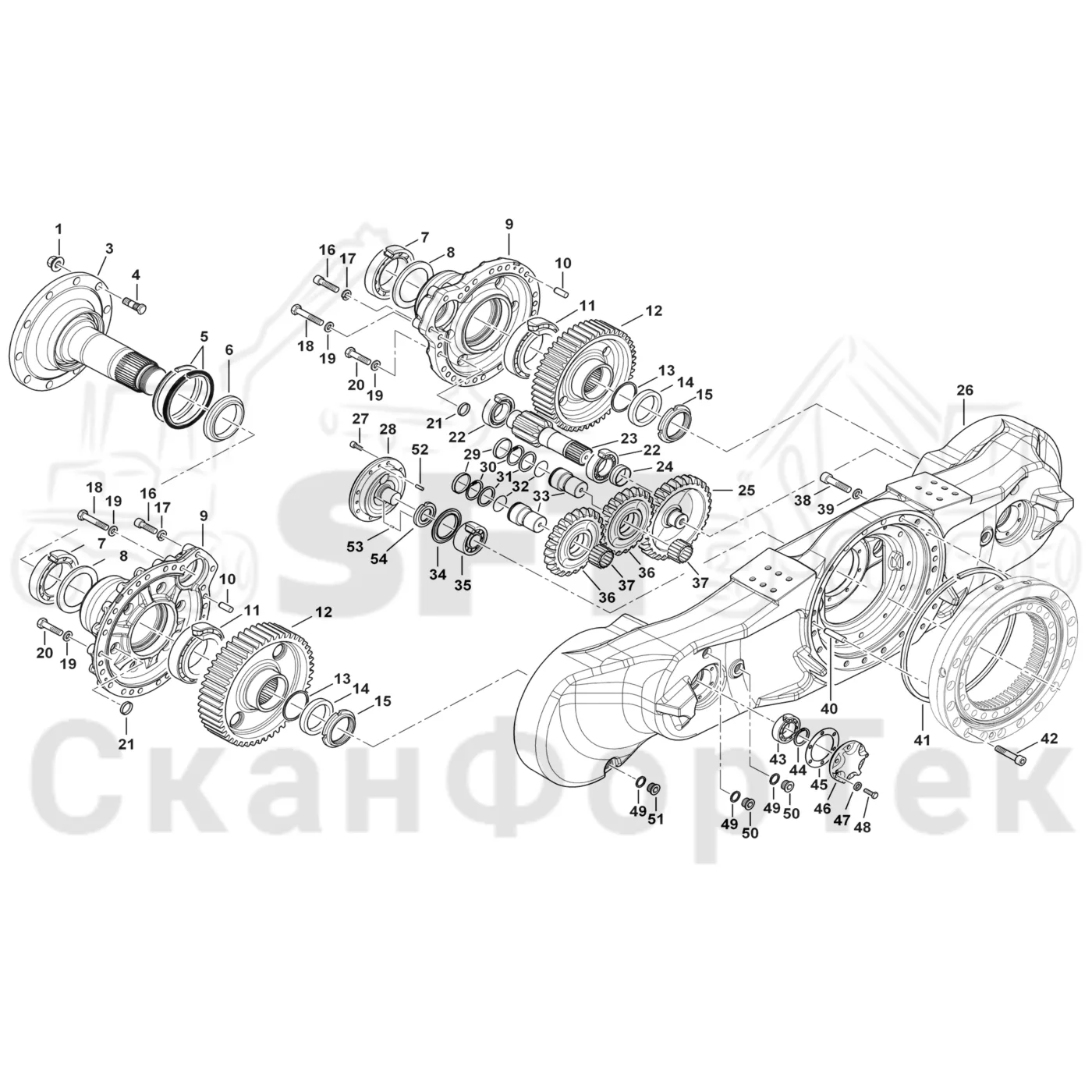 Схема: Komatsu / Форвардер / 835 / Каталог запасных частей / Коробка передач / Мост каретки / каретки / каретки / Корпус каретки