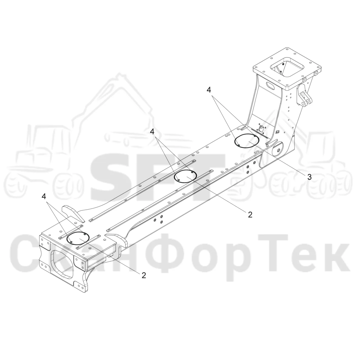 Схема: Komatsu / Форвардер / 845 / Каталог запасных частей / шасси / Рамы / Рама, задняя / Рама, задняя +400/+900 / Передний комплект