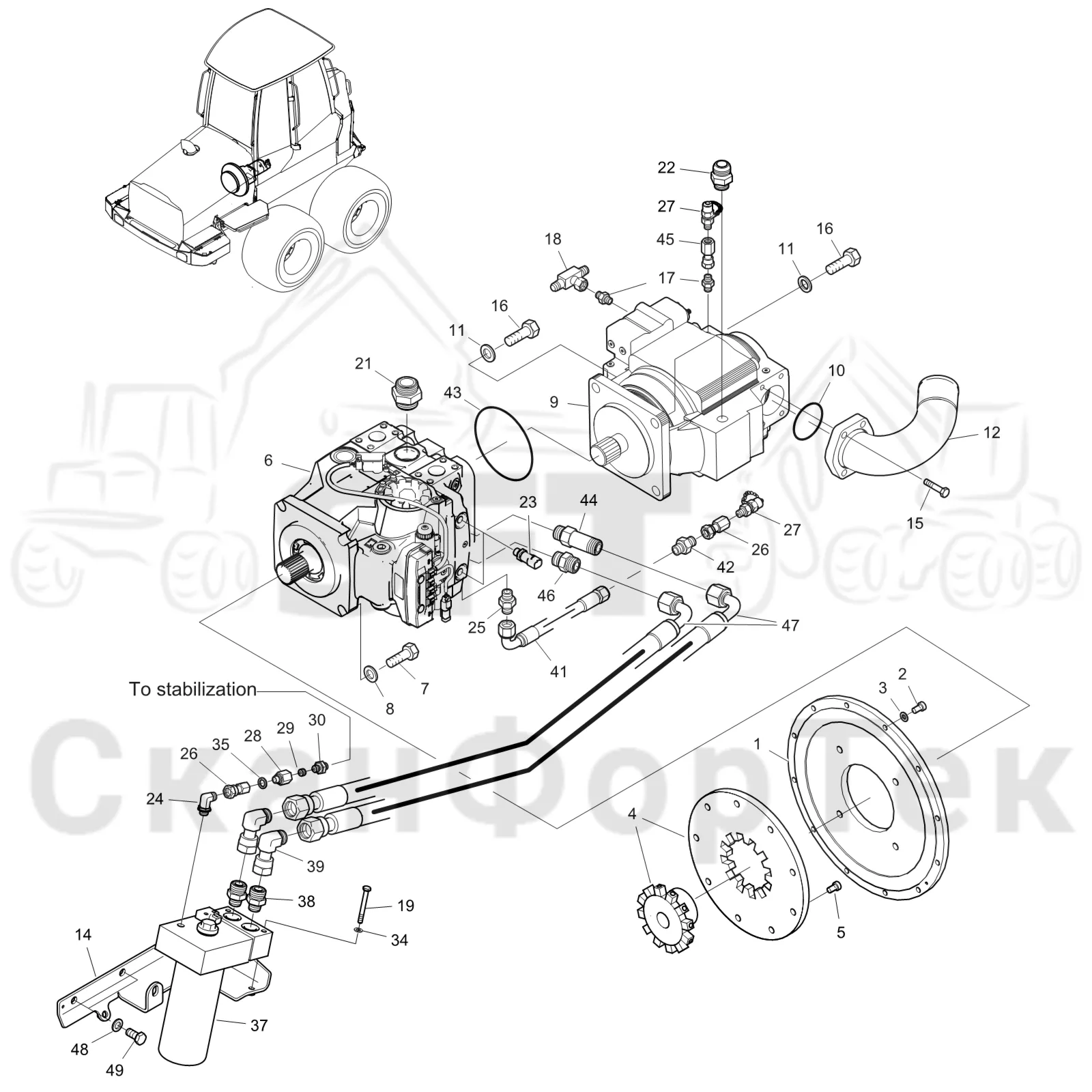 Схема: Komatsu / Форвардер / 855.1 / 855.1 / Каталог запасных частей / Гидравлика / Гидравлические насосы / Насосная установка / Насосная установка 8550011041-