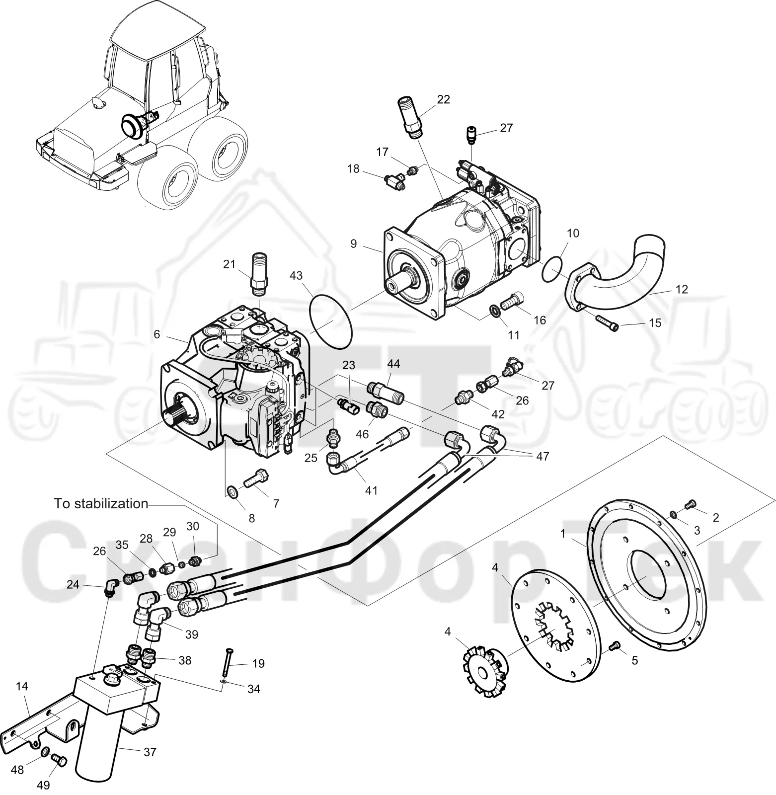 Схема: Komatsu / Форвардер / 855.1 / 855.1 / Каталог запасных частей / Гидравлика / Гидравлические насосы / Насосная установка / Насосная установка 8550011071-