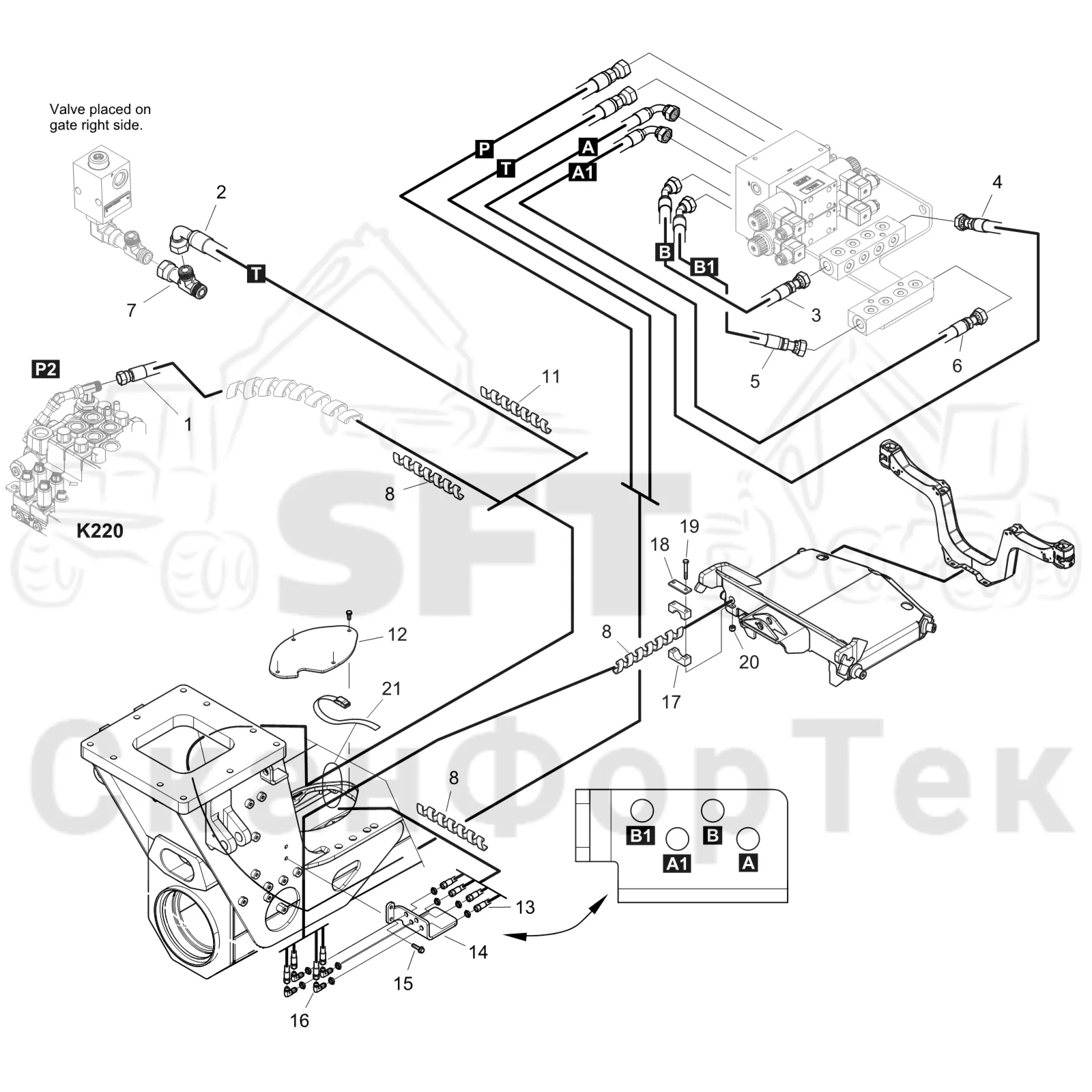 Схема: Komatsu / Форвардер / 855 S/N 8550022010- / Каталог запасных частей / шасси / Зона погрузки / Коники и опоры / Опора Гидравлика / Опора Гидравлика FlexGate
