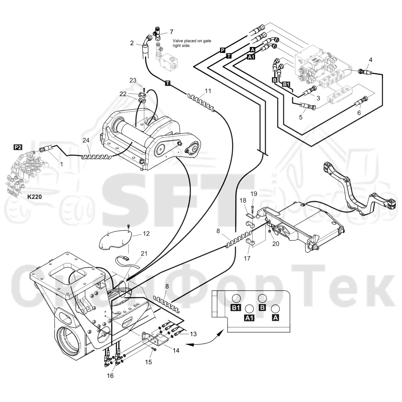 Схема: Komatsu / Форвардер / 855 S/N 8550022010- / Каталог запасных частей / шасси / Зона погрузки / Коники и опоры / Опора Гидравлика / Опора Гидравлика FlexGate