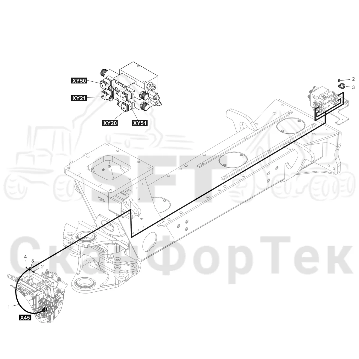Схема: Komatsu / Форвардер / 895 S/N 8950011010- / Каталог запасных частей / шасси / Зона погрузки / Коники и опоры / Опора Гидравлика / Комплект электрооборудования
