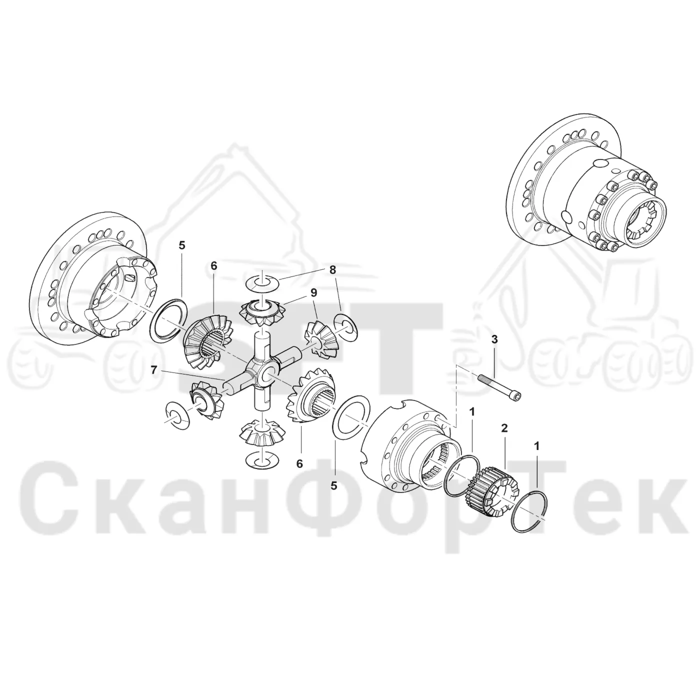 Схема: Komatsu / Форвардер / 875 S/N 8750000010- / Каталог запасных частей / Коробка передач / Мост каретки / каретки / Дифференциал / Дифференциал