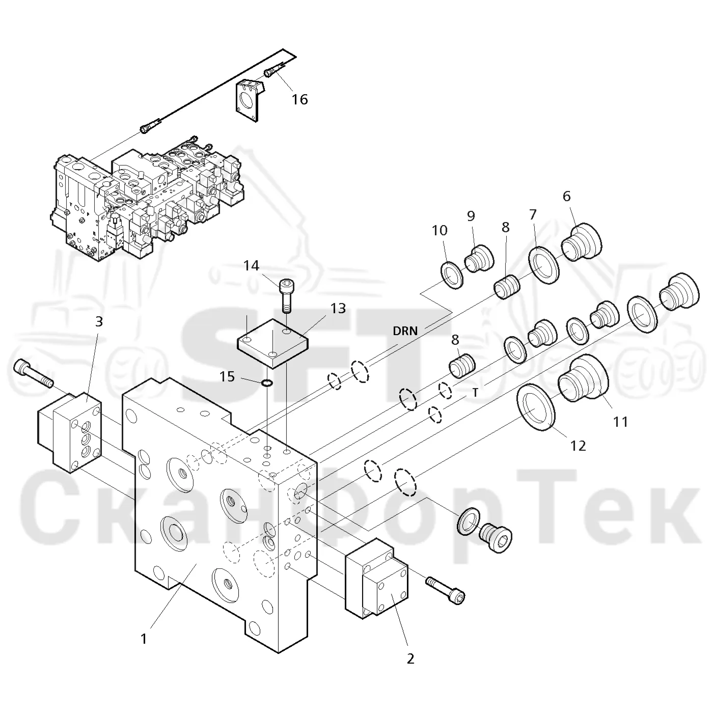 Схема: Valmet / Лесозаготовительные машины / Valmet 901.4 / Valmet 901.4 / Каталог запасных частей / Лесозаготовительное оборудование / Головка лесозаготовительной машины / Valmet 350.1 / Каталог запасных частей / Гидравлический клапан / Торцевая секция / Торцевая секция без Цветовая маркировка