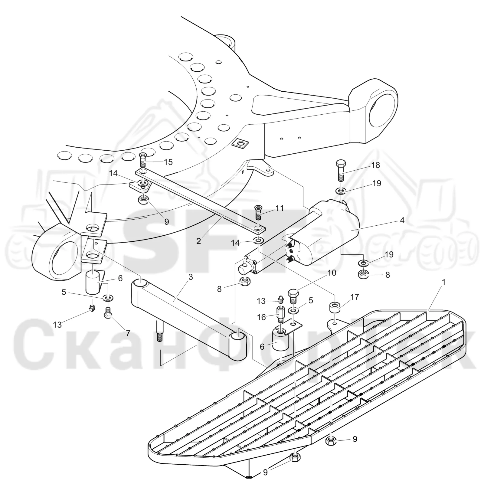 Схема: Komatsu / Лесозаготовительные машины / 901TX .1 / Каталог запасных частей / Кабина / Кабина / Платформа 9011011458-