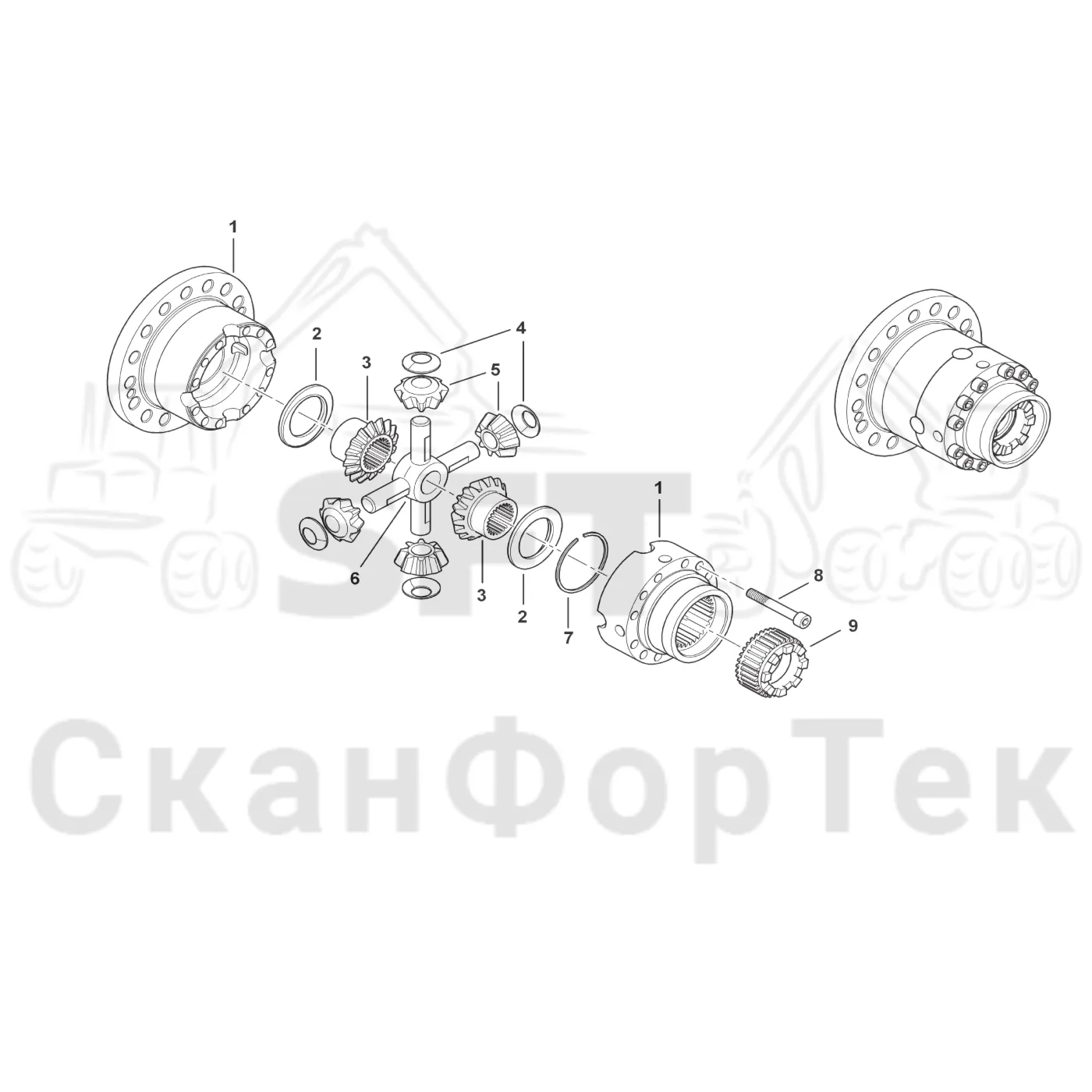 Схема: Komatsu / Форвардер / 845 / Каталог запасных частей / Коробка передач / Мост каретки / каретки / Standard Bogie / Дифференциал / Дифференциал