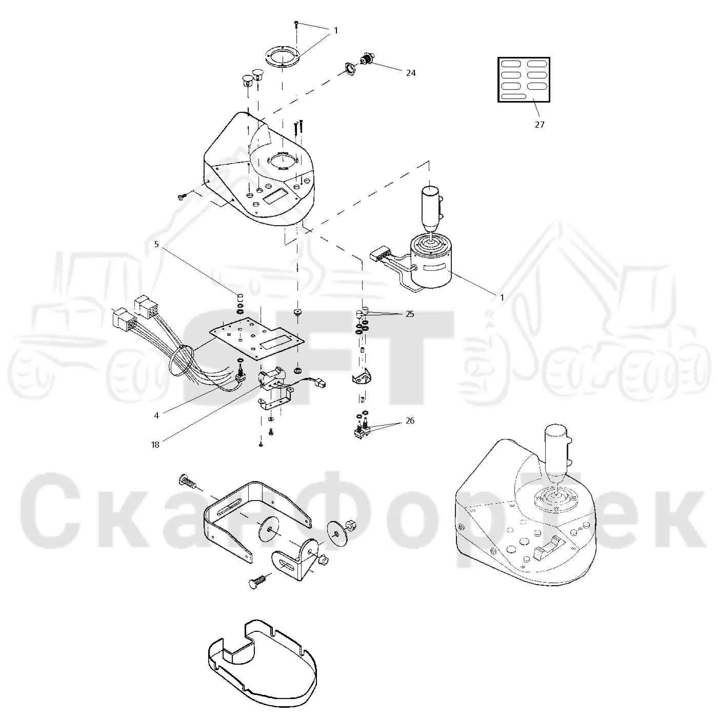 Схема: Valmet / Форвардер / Valmet 830 / Valmet 830 / Каталог запасных частей / Система управления / Регулятор / Электрооборудование рычажного устройства / Рычаги управления правый