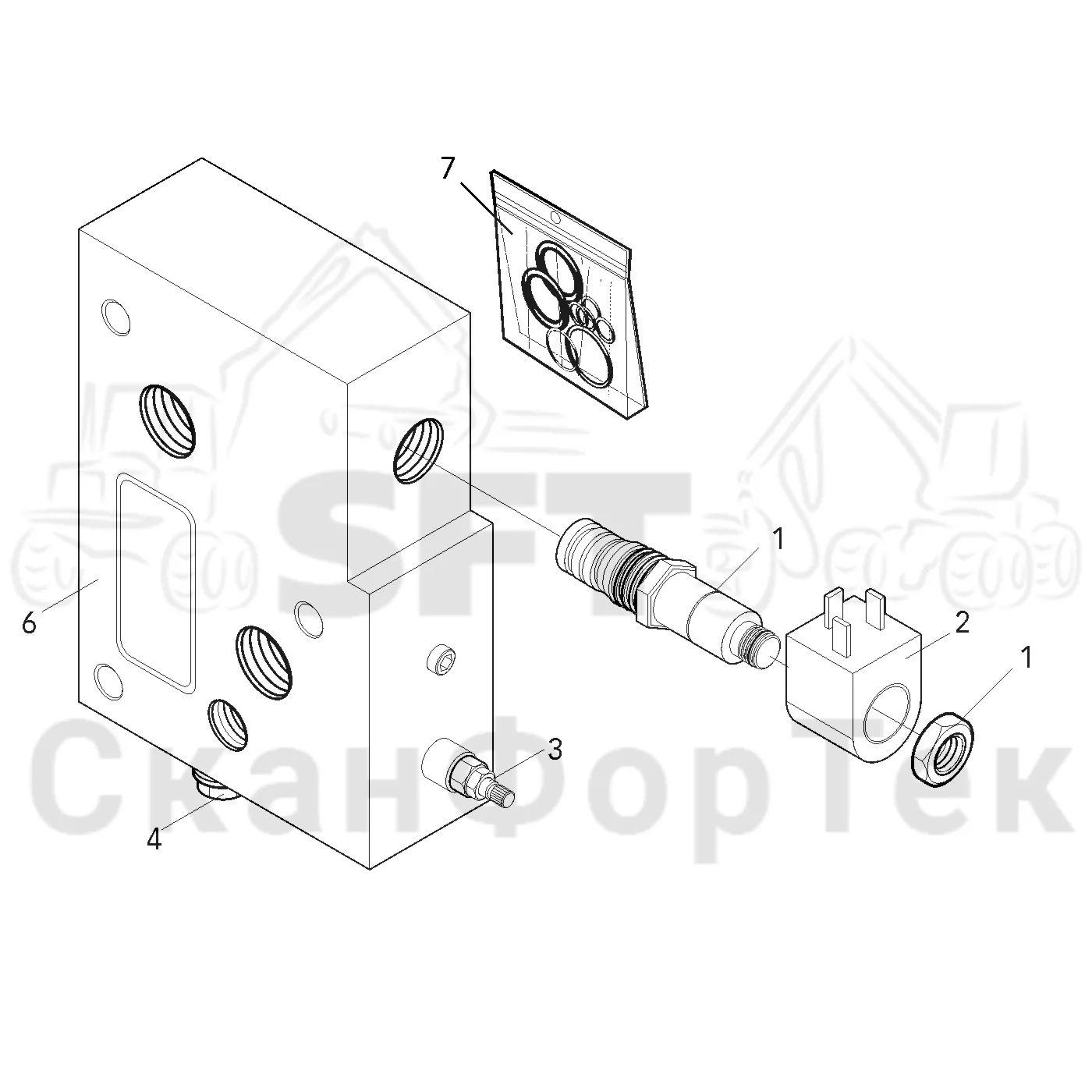Схема: Valmet / Форвардер / Valmet 840.2 / Valmet 840.2 Ch. -211120 / Valmet 840.2 Ch. -211120 / Каталог запасных частей / Оборудование захвата / Захват / Valmet 801c Ch -11730 / Каталог запасных частей / Гидравлика / Клапан шасси / Впускная секция