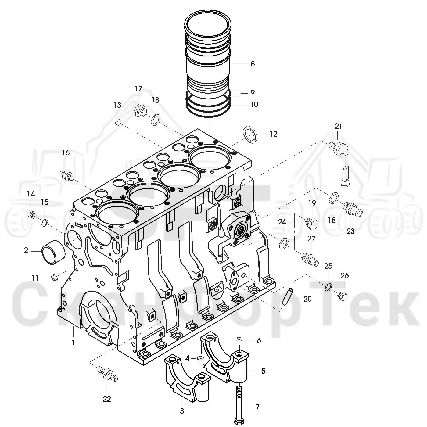 Схема: Valmet / Форвардер / Valmet 830 / Valmet 830 / Каталог запасных частей / Оборудование захвата / Захват / Valmet 801c Ch -11730 / Каталог запасных частей / Двигатель / Блок двигателя / Блок цилиндров