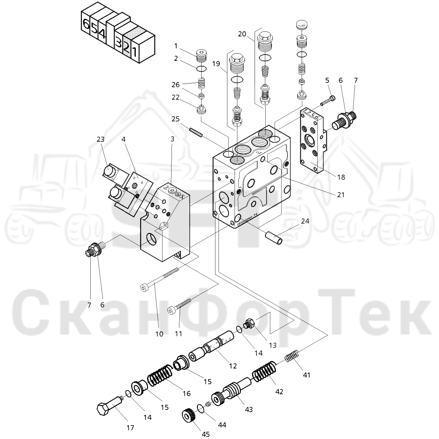 Схема: Valmet / Головки лесозаготовительной машины / Valmet 965 BR / Valmet 965 BR / Каталог запасных частей / Valmet 965 BR / Гидравлический клапан / Клапан. Рубка