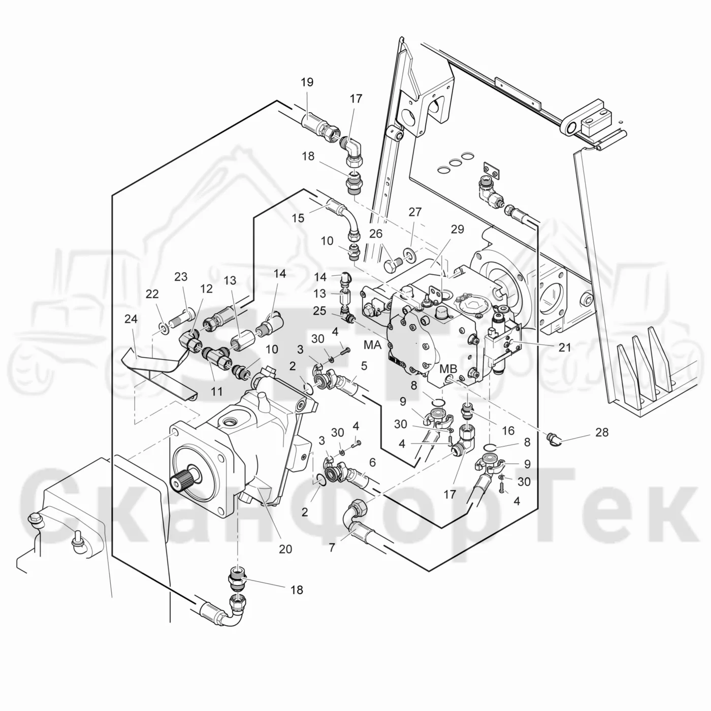 Схема: Valmet / Лесозаготовительные машины / Valmet 911.4 / Valmet 911.4 / Каталог запасных частей / Коробка передач / Гидростат / Гидравлика гидростата