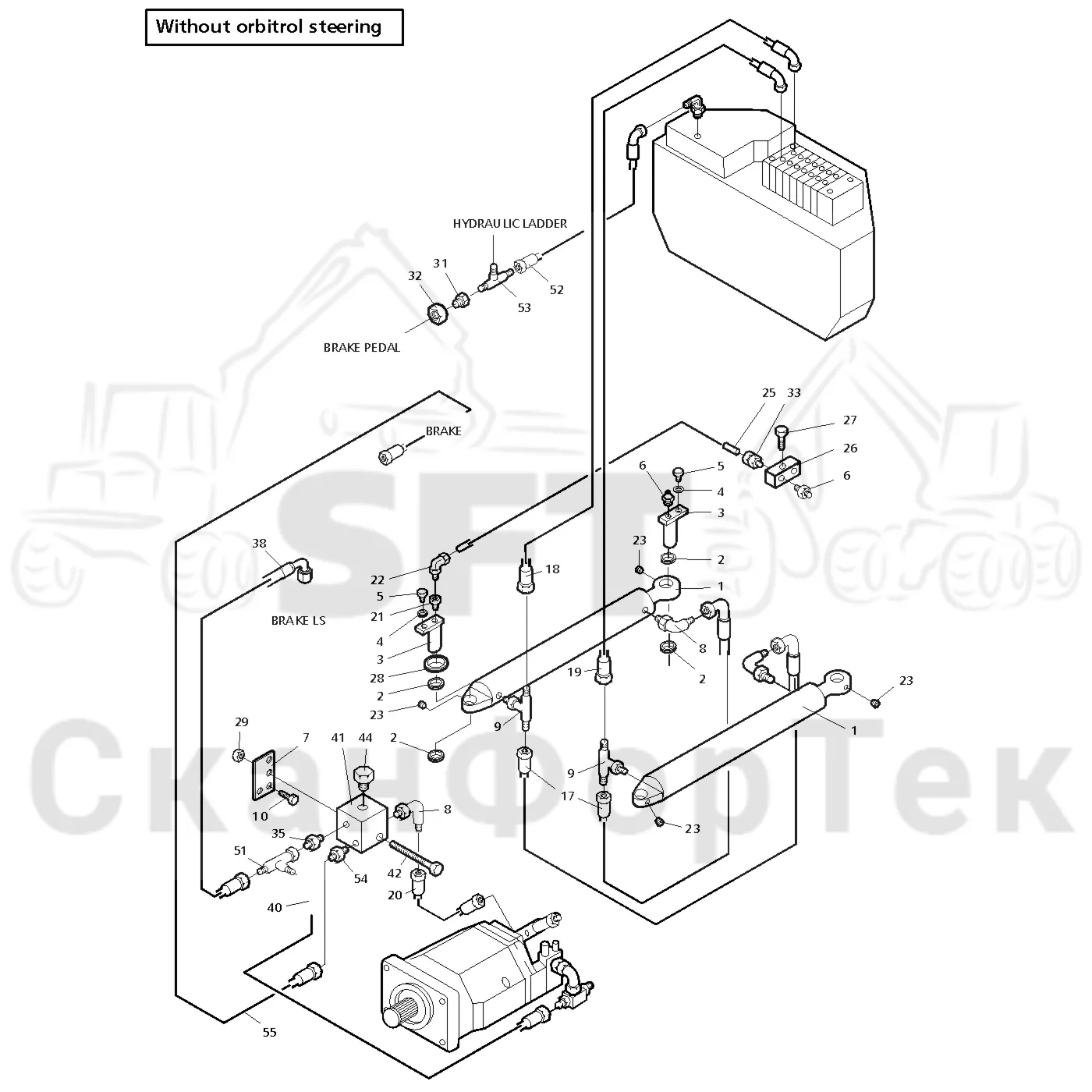 Схема: Valmet / Форвардер / Valmet 890.1 / Valmet 890.1  Ch. -117350, -119440 / Valmet 890.1  Ch. -117350, -11 / Каталог запасных частей / Рулевое управление / Рулевое управление без системы orbitrol