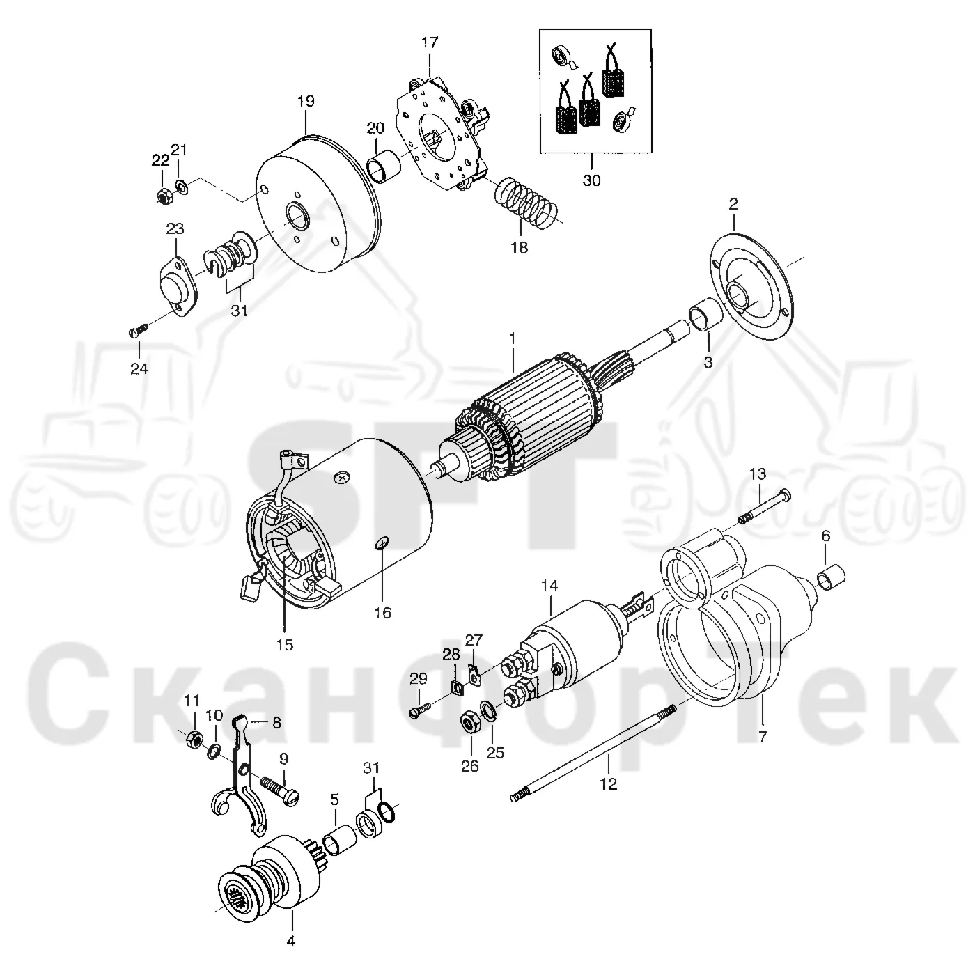 Схема: Valmet / Форвардер / Valmet 890.1 / Valmet 890.1 Ch. -117350, -119440 / Valmet 890.1 Ch. -117350, -11 / Каталог запасных частей / Двигатель / Электродвигатель стартера / Запасные части электродвигателя стартера