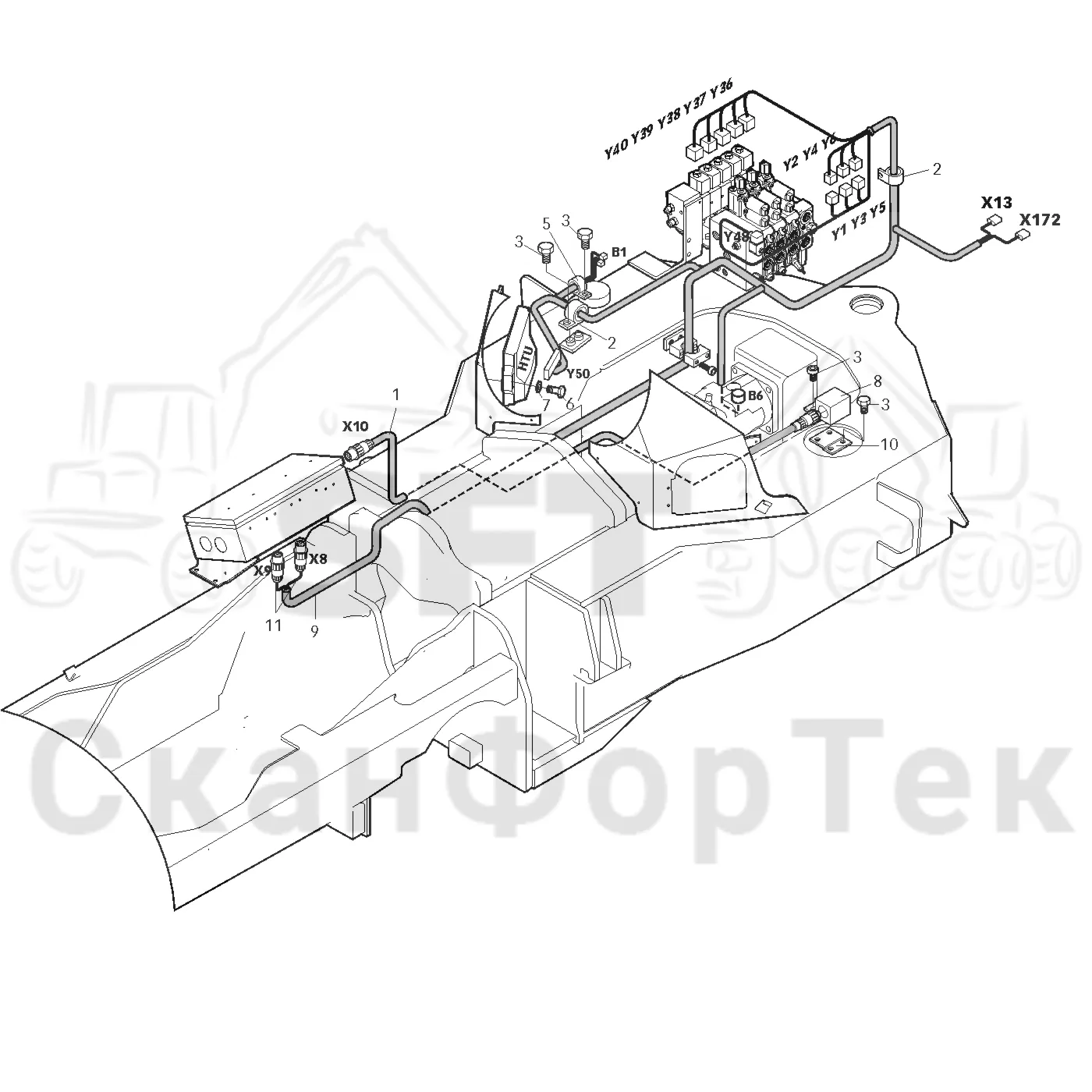 Схема: Valmet / Форвардер / Valmet 830 / Valmet 830 / Каталог запасных частей / Оборудование захвата / Захват / Valmet 801c Ch -11730 / Каталог запасных частей / шасси / Электрический Оборудование / Комплект кабелей шасси