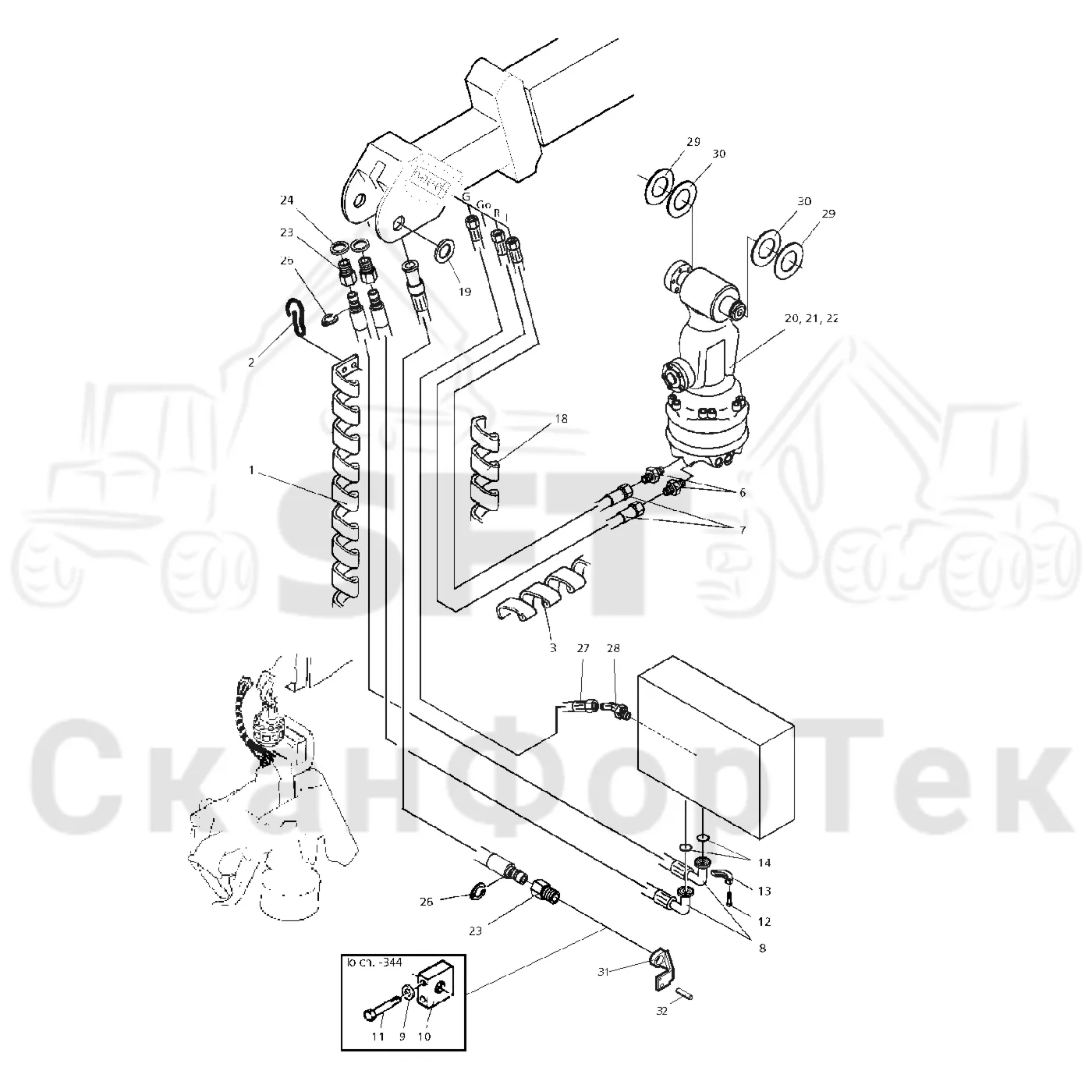 Схема: Valmet / Лесозаготовительные машины / Valmet 921.1 / Valmet 921.1 Ch. 113531- / Valmet 921.1 Ch. 113531- / Каталог запасных частей / Лесозаготовительное оборудование / Головка лесозаготовительной машины / Valmet 965 S2 / Valmet 965 / Каталог запасных частей / Поворотные устройства и звенья / Головка крана 1600 VO, соединительные муфты