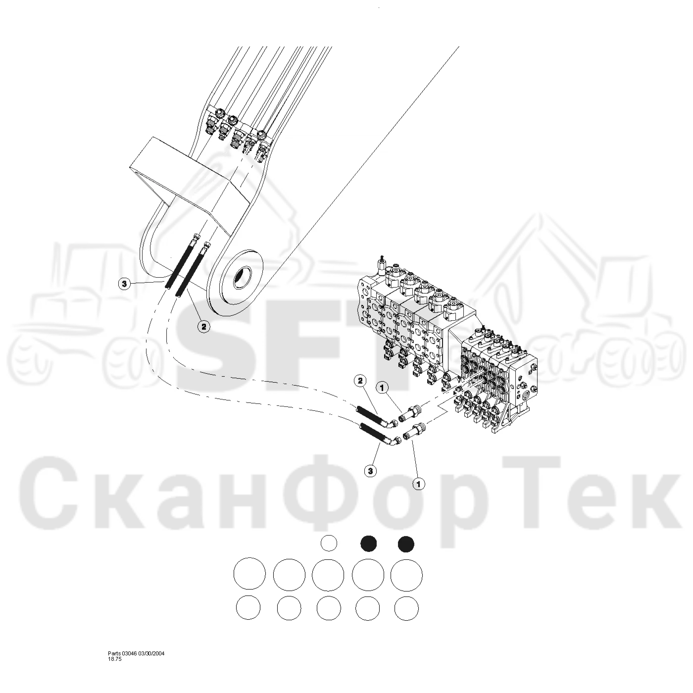 Схема: Valmet / Лесозаготовительные машины / Valmet 901TX / Valmet 901TX / Каталог запасных частей / Тормоза / Тормоза / Bar Saw & Intermittent Disc Saw Hydraulics / Lateral tilt function - valve to boom