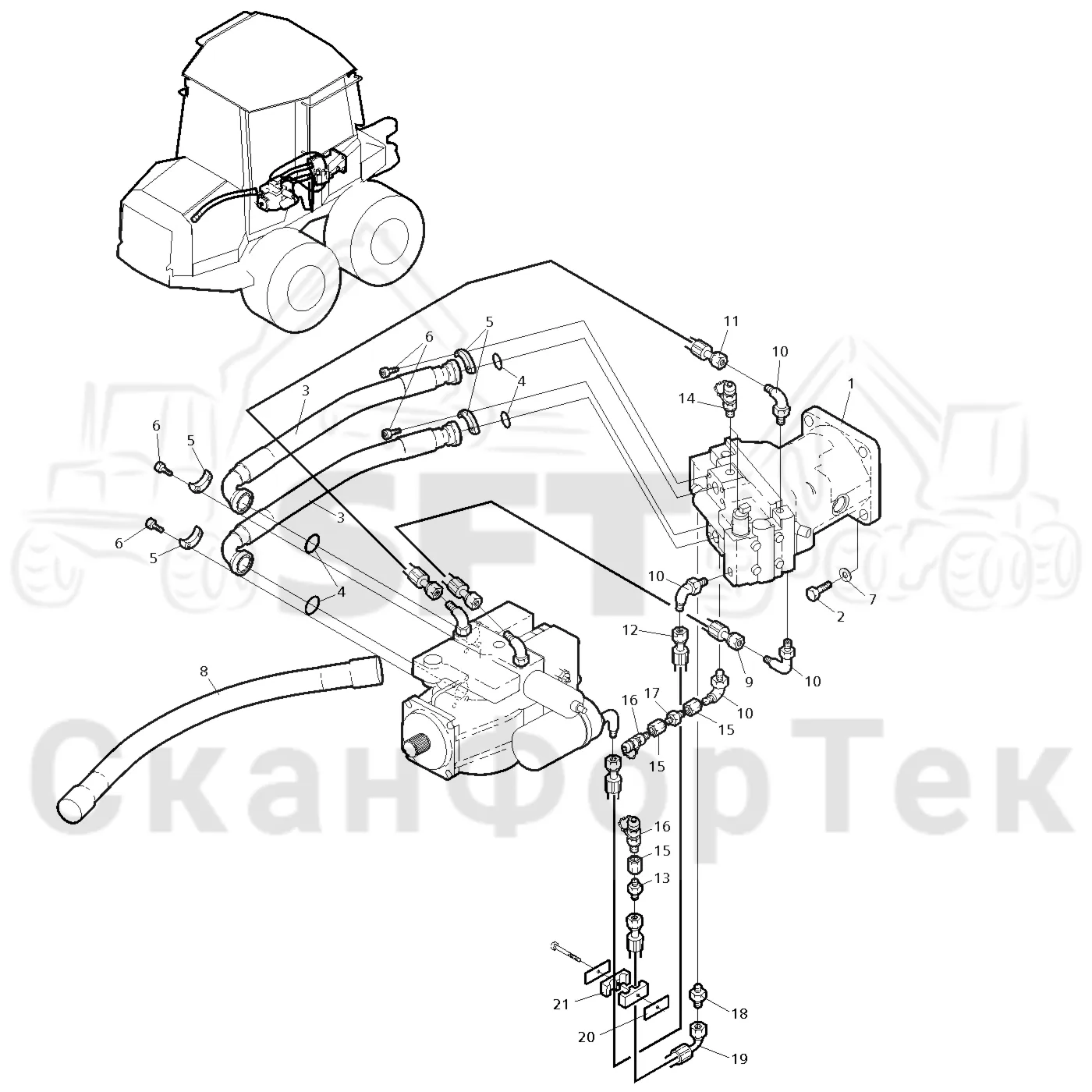 Схема: Valmet / Форвардер / Valmet 830.1 / Valmet 830.1 / Каталог запасных частей / Коробка передач / Оборудование гидростатики / Подвод гидростатического шланга