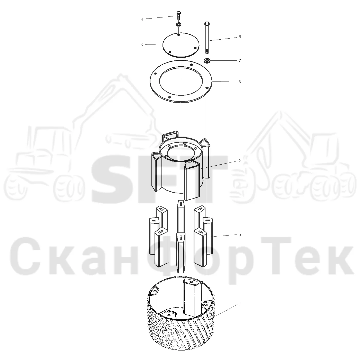 Схема: Valmet / Головки лесозаготовительной машины / Valmet 965 S2 / Valmet 965 S2 / Valmet 965 / Каталог запасных частей / Подача / Запасные части подающего ролика / Ролик с резиновыми штифтами, Запасные части