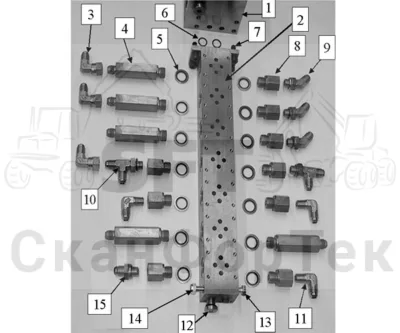 Схема: Valmet / Лесозаготовительные машины / Valmet 901.3 / Valmet 901.3 Ch -311190 / Valmet 901.3 Ch -311190 / Каталог запасных частей / Лесозаготовительное оборудование / Головка лесозаготовительной машины / Valmet 330 / Каталог запасных частей / Гидравлический клапан / Блок