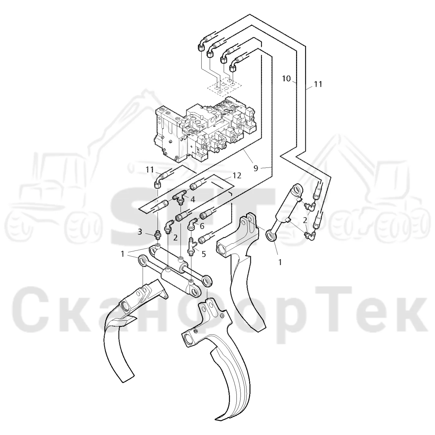 Схема: Valmet / Головки лесозаготовительной машины / Valmet 350 / Valmet 350 / Каталог запасных частей / Обрезка сучьев / Гидравлический привод сучкорезного ножа