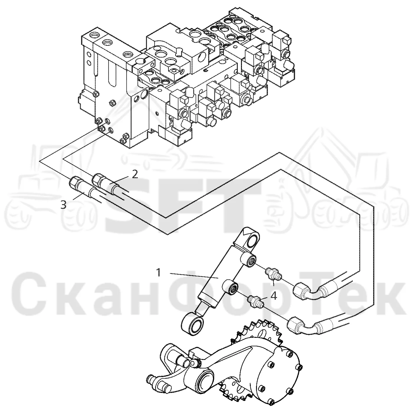 Схема: Valmet / Головки лесозаготовительной машины / Valmet 350 / Valmet 350 / Каталог запасных частей / Измерение / Гидравлика подъемного механизма мерного ролика