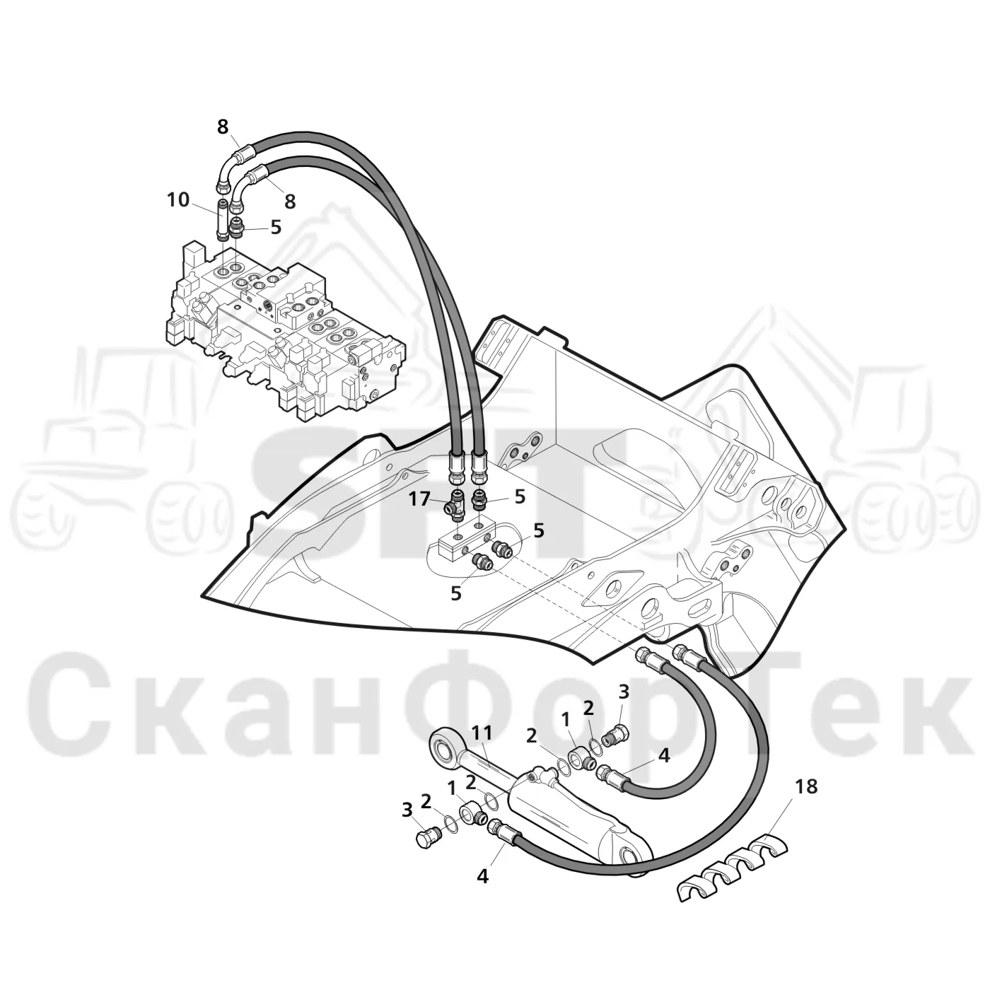 Схема: Valmet / Лесозаготовительные машины / Valmet 911.3 / Valmet 911.3 Ch 311371- / Valmet 911.3 Ch 311372- / Каталог запасных частей / Лесозаготовительное оборудование / Головка лесозаготовительной машины / Valmet 360.2 / Каталог запасных частей / Подача / Гидравлическое оборудование открывания и закрывания подающих роликов