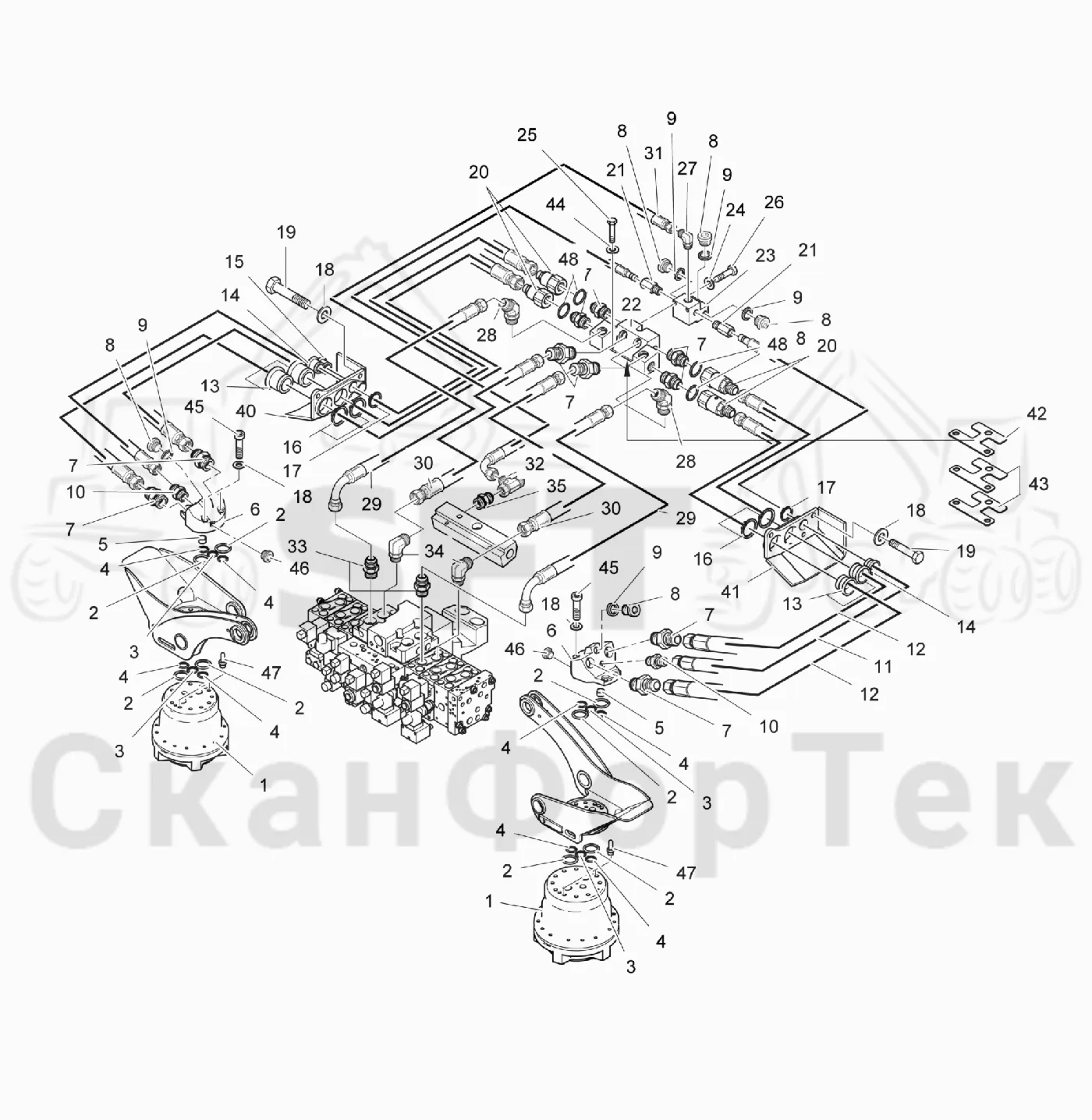 Схема: Valmet / Головки лесозаготовительной машины / Valmet 360.2 / Valmet 360.2 / Каталог запасных частей / Подача / Гидравлическое оборудование односкоростной подачи 212071-