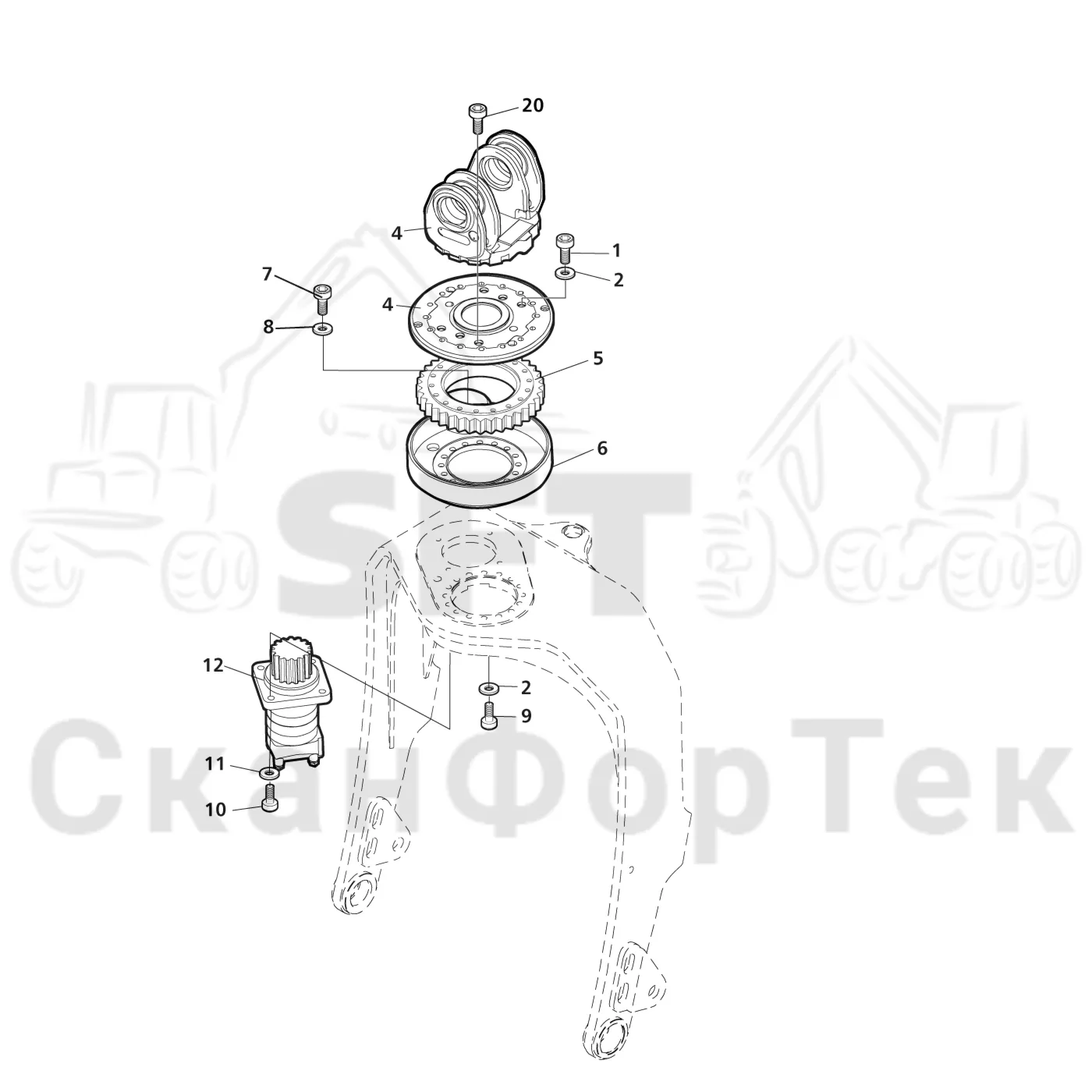 Схема: Valmet / Головки лесозаготовительной машины / Valmet 370.2 / Valmet 370.2 / Каталог запасных частей / Поворотные устройства и звенья / Поворотное устройство