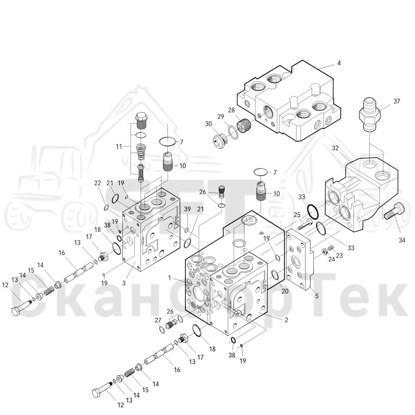 Схема: Valmet / Лесозаготовительные машины / Valmet 911.1 / Valmet 911.1 Ch 113011- / Valmet 911.1 Ch 113011- / Каталог запасных частей / Лесозаготовительное оборудование / Головка лесозаготовительной машины / Valmet 360 / Valmet 360 / Valmet 360 Ch 11541- / Каталог запасных частей / Гидравлический клапан / Центральная секция
