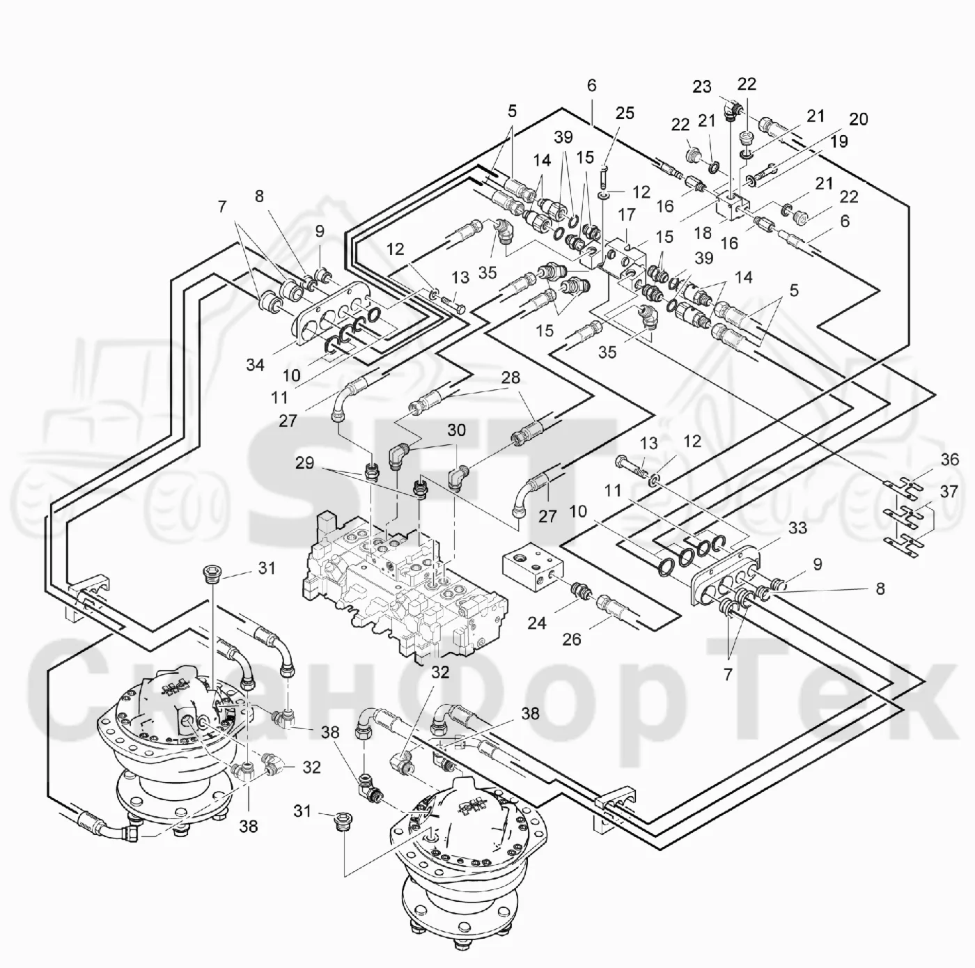 Схема: Valmet / Лесозаготовительные машины / Valmet 941 / Valmet 941 Ch -12070 / Valmet 941 Ch -12070 / Каталог запасных частей / Лесозаготовительное оборудование / Головка лесозаготовительной машины / Valmet 370.2 / Каталог запасных частей / Подача / Гидравлика подачи от шасси 211961-