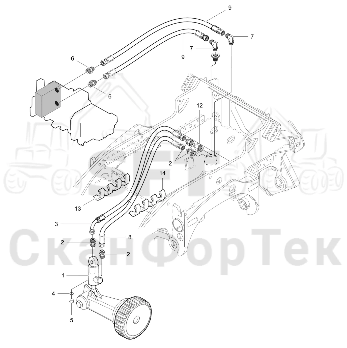 Схема: Valmet / Головки лесозаготовительной машины / Valmet 370.2 / Valmet 370.2 / Каталог запасных частей / Измерение / Подъем измерительного колеса, гидравлика