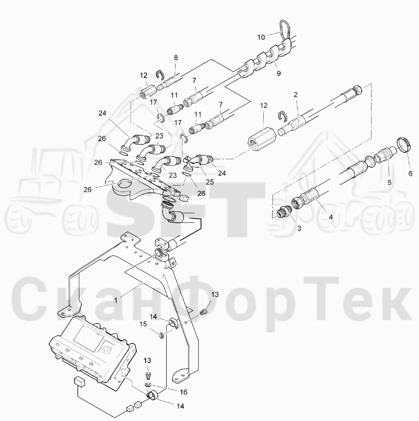 Схема: Valmet / Головки лесозаготовительной машины / Valmet 370.2 / Valmet 370.2 / Каталог запасных частей / Поворотные устройства и звенья / Гидравлическое оборудование головки подъемного крана CRH 8,5 m