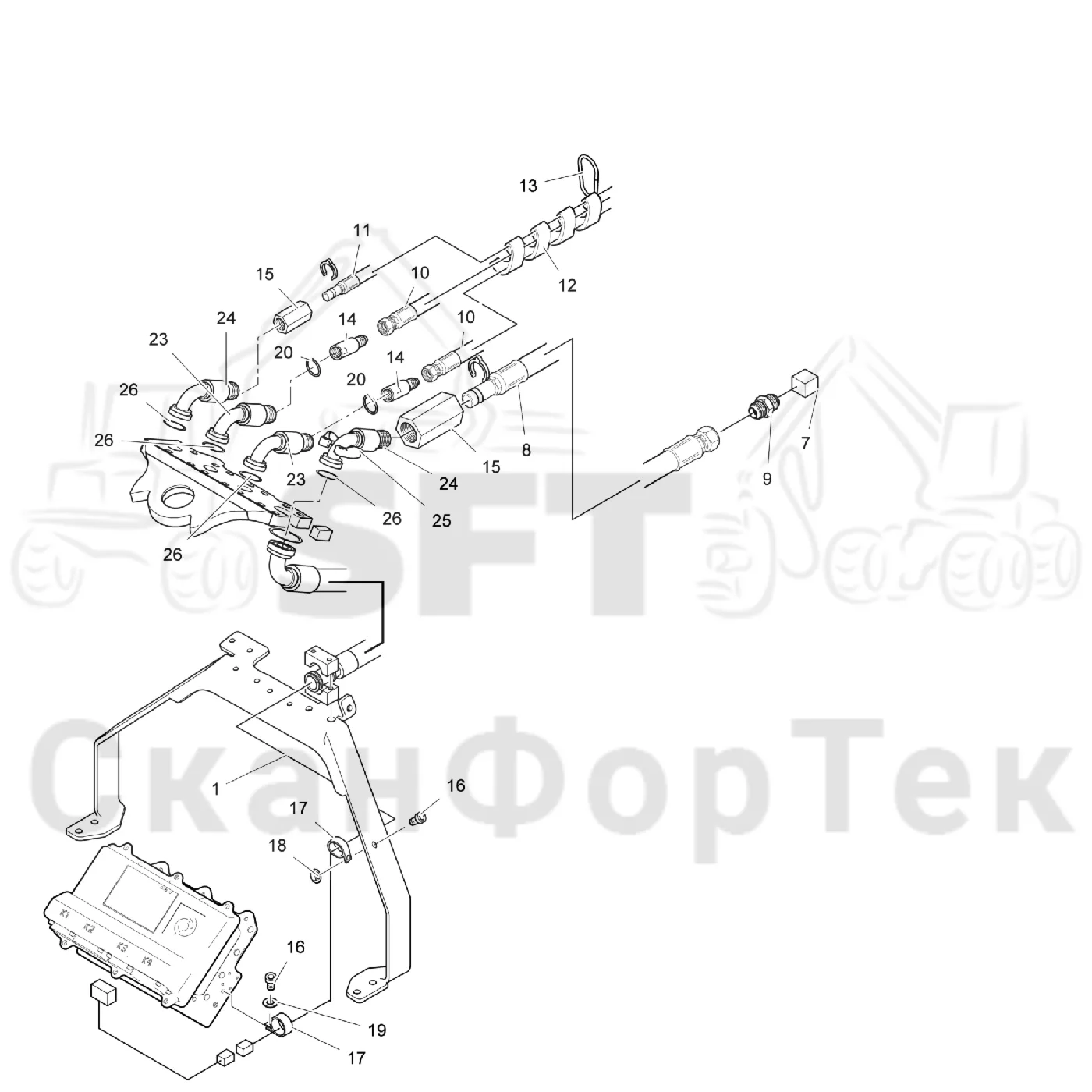 Схема: Valmet / Лесозаготовительные машины / Valmet 941 / Valmet 941 Ch -12070 / Valmet 941 Ch -12070 / Каталог запасных частей / Лесозаготовительное оборудование / Головка лесозаготовительной машины / Valmet 370.2 / Каталог запасных частей / Поворотные устройства и звенья / Гидравлическое оборудование головки подъемного крана CRH 24