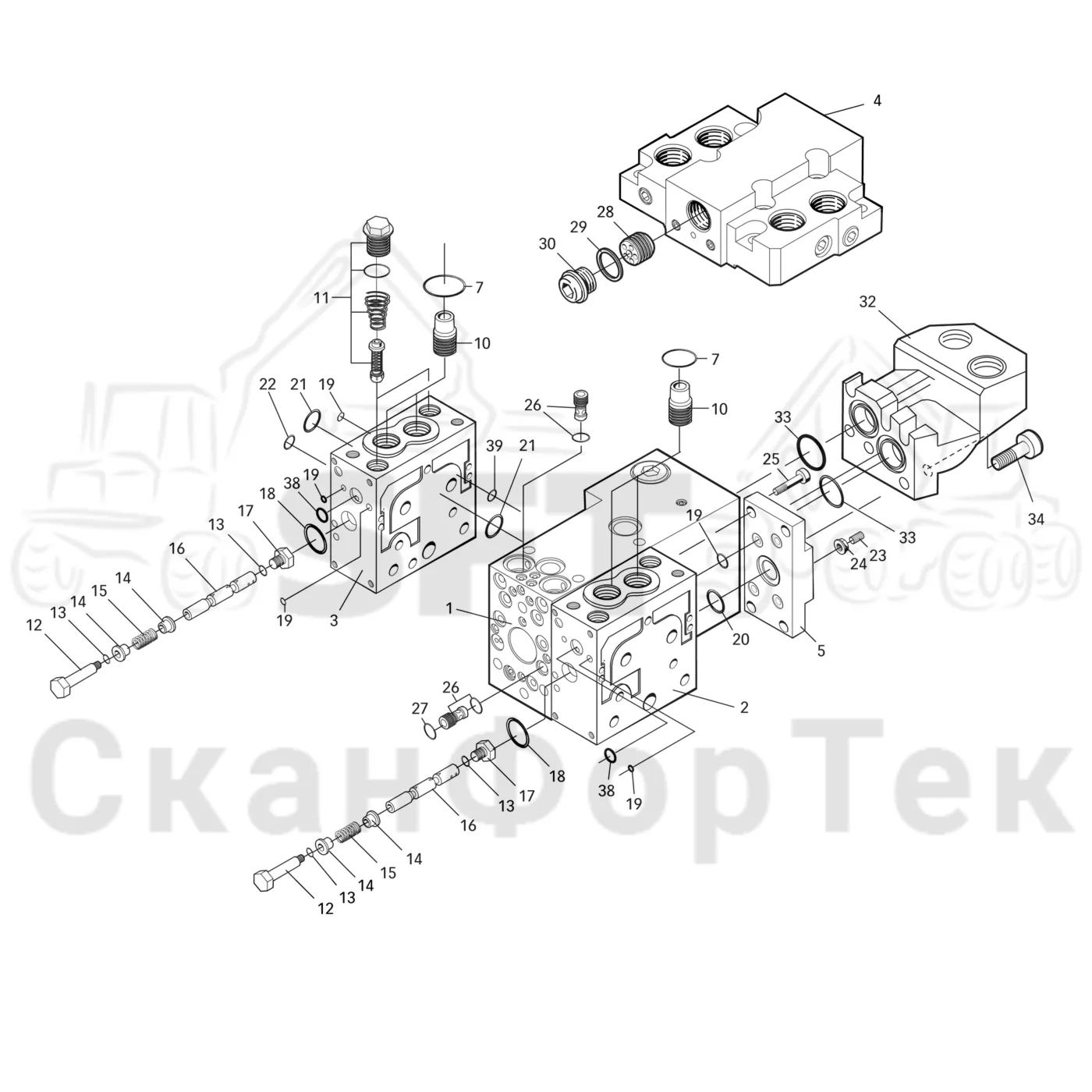 Схема: Valmet / Головки лесозаготовительной машины / Valmet 370.2 / Valmet 370.2 / Каталог запасных частей / Гидравлический клапан / Центральная секция 941