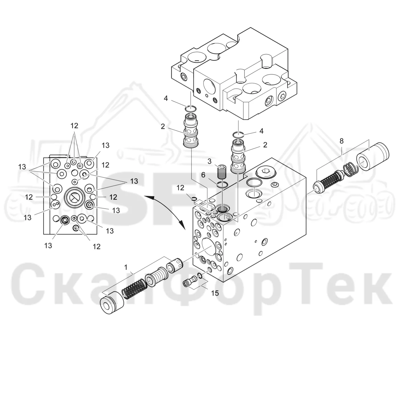 Схема: Valmet / Головки лесозаготовительной машины / Valmet 370.2 / Valmet 370.2 / Каталог запасных частей / Гидравлический клапан / Клапан резки 941