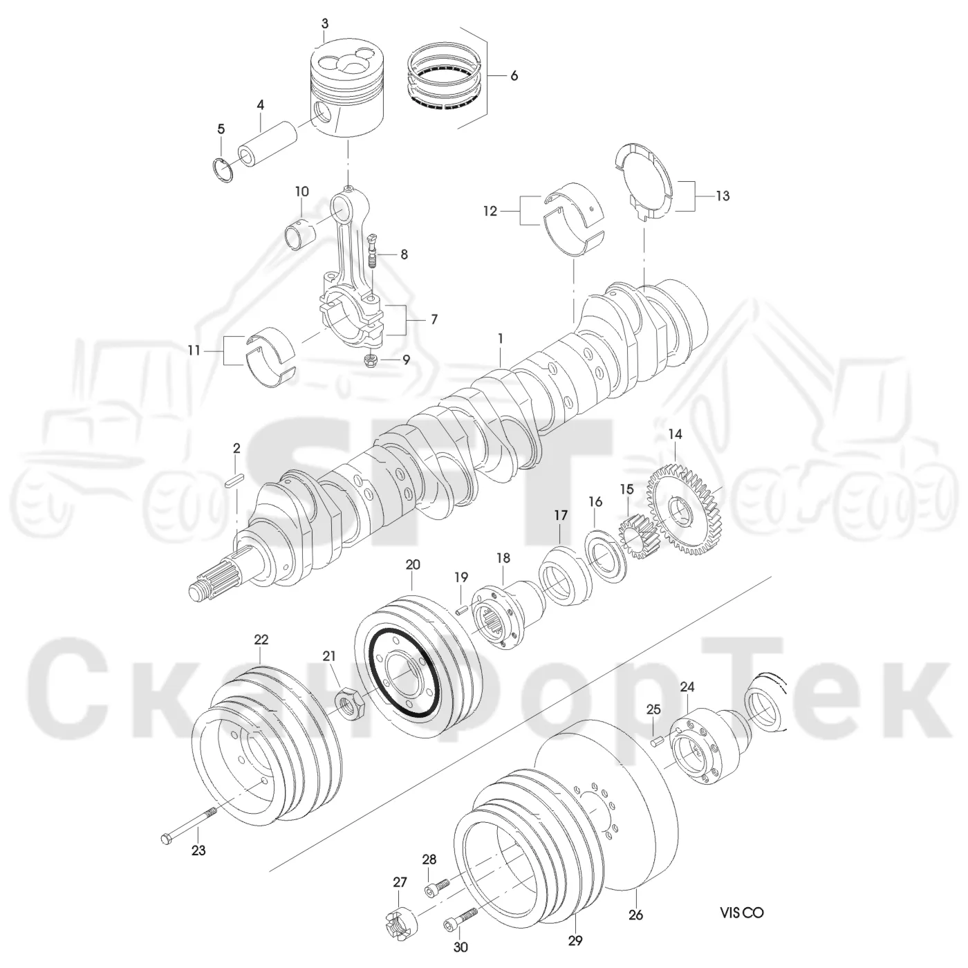 Схема: Valmet / Форвардер / Valmet 890.3 / Valmet 890.3 / Каталог запасных частей / Оборудование захвата / Захват / Valmet 901.2 Ch. -211060 / Каталог запасных частей / Двигатель / Блок двигателя / Коленвал