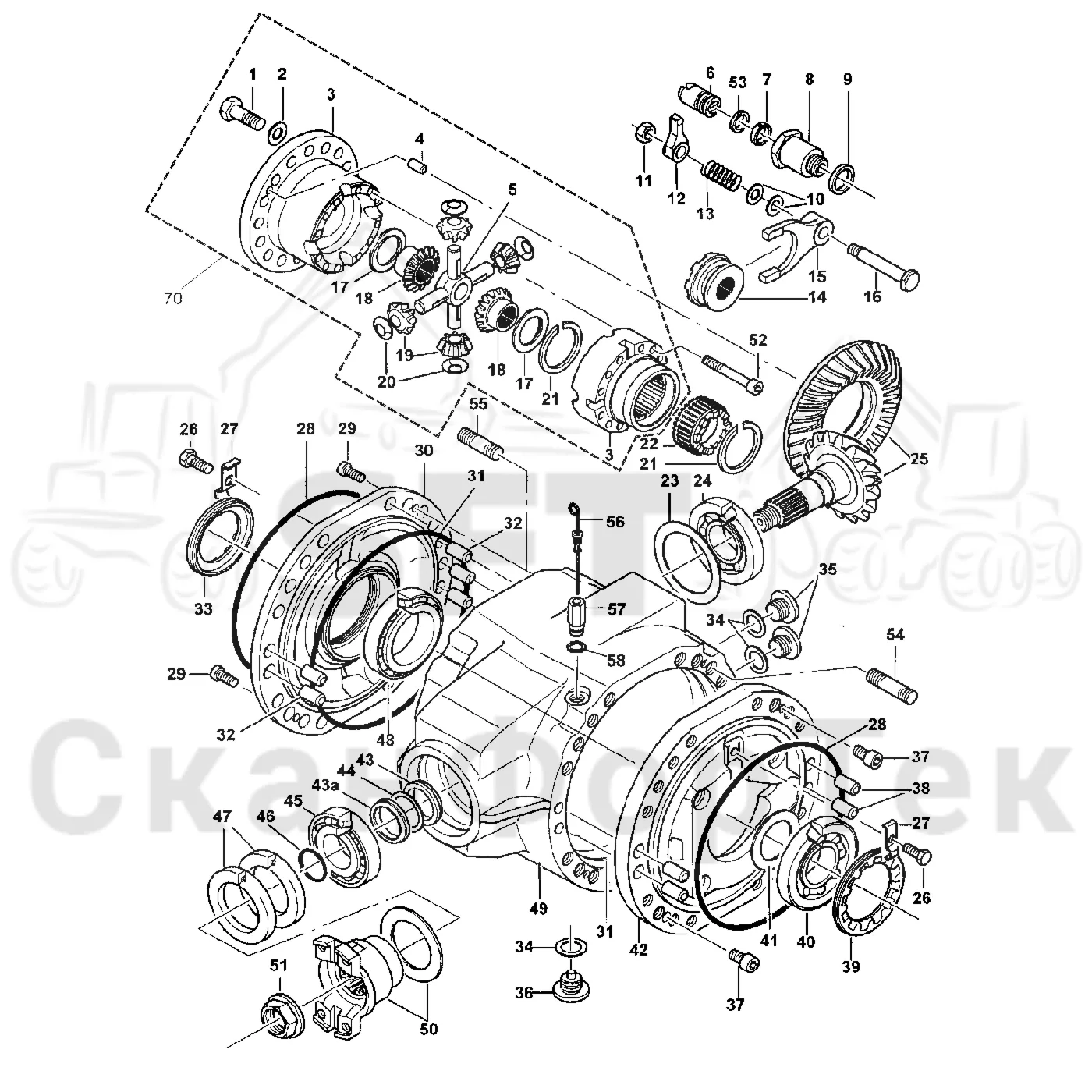 Схема: Valmet / Форвардер / Valmet 840.2 / Valmet 840.2  Ch. 211121- / Valmet 840.2  Ch. 211121- / Каталог запасных частей / Коробка передач / Мост каретки / каретки / Дифференциал