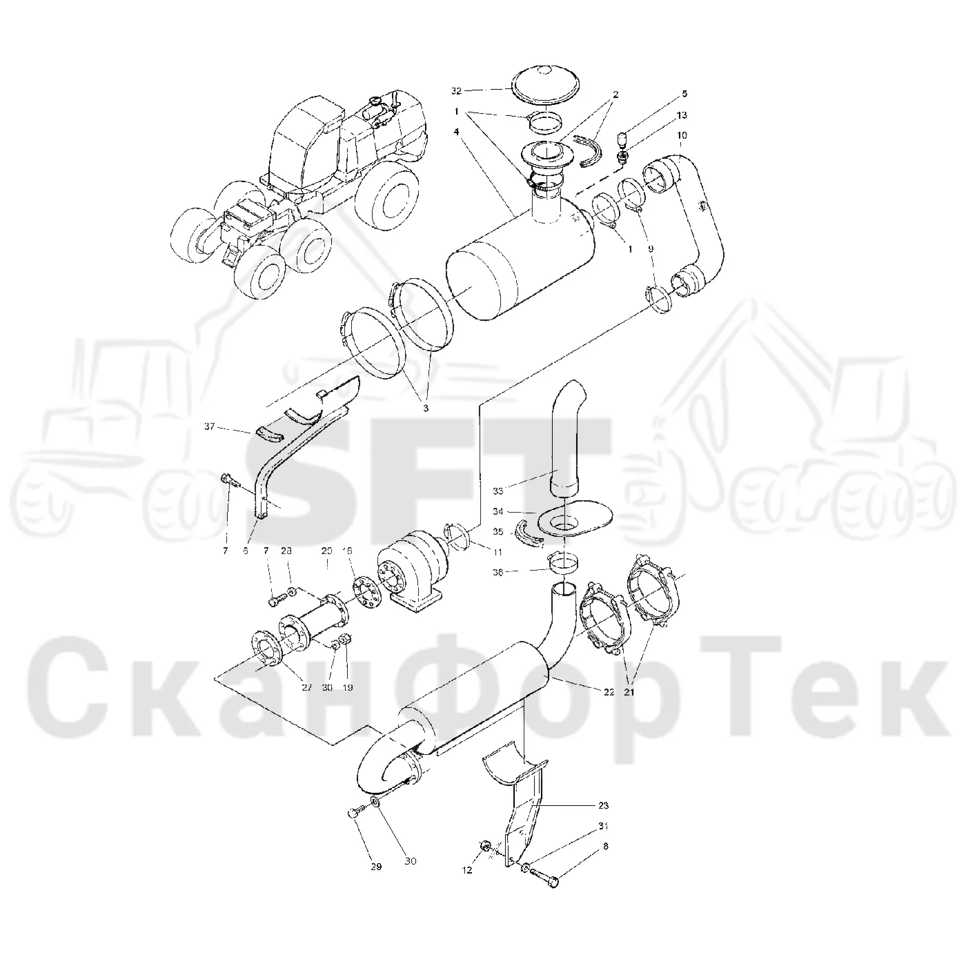 Схема: Valmet / Форвардер / Valmet 890.3 / Valmet 890.3 / Каталог запасных частей / Оборудование захвата / Захват / Valmet 901.2 Ch. -211060 / Каталог запасных частей / Двигатель / Впуск - выпуск / Выхлопная система