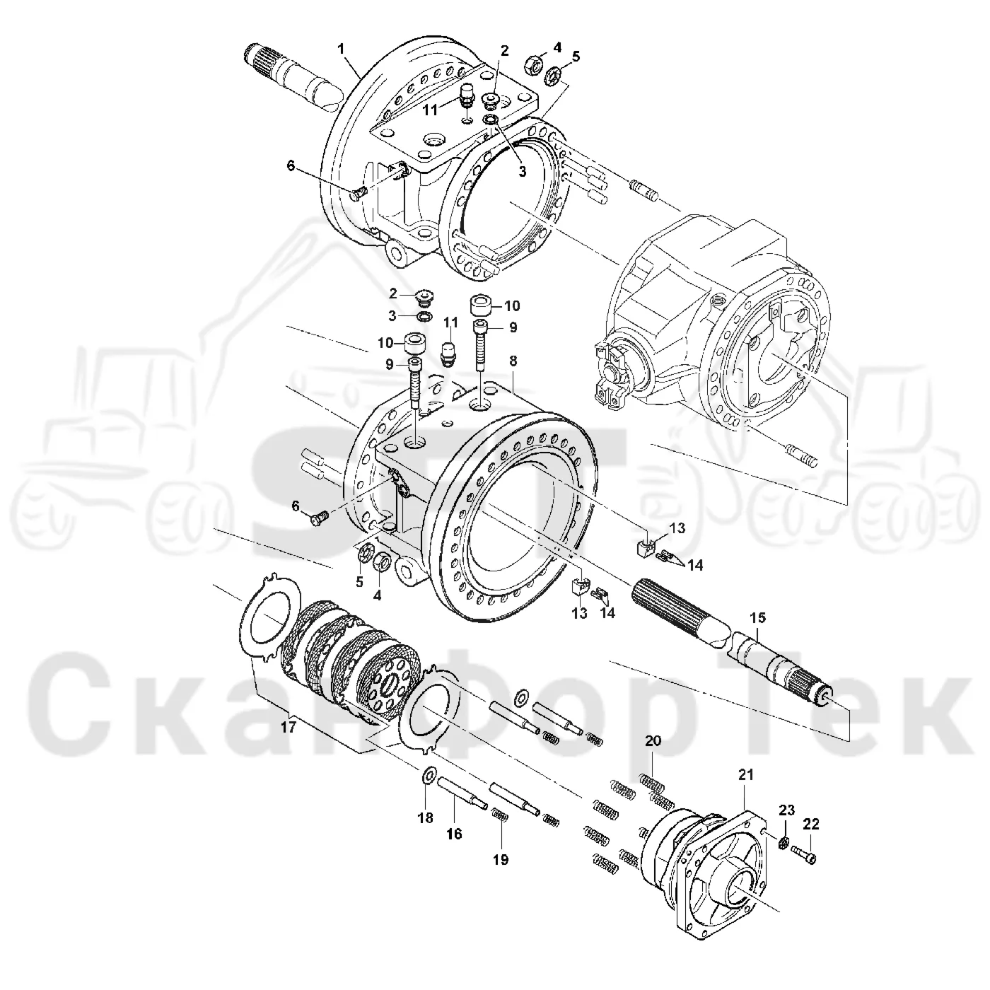 Схема: Valmet / Форвардер / Valmet 860.3 / Valmet 860.3 / Каталог запасных частей / Коробка передач / Мост каретки / каретки / каретки Картер ведущего моста