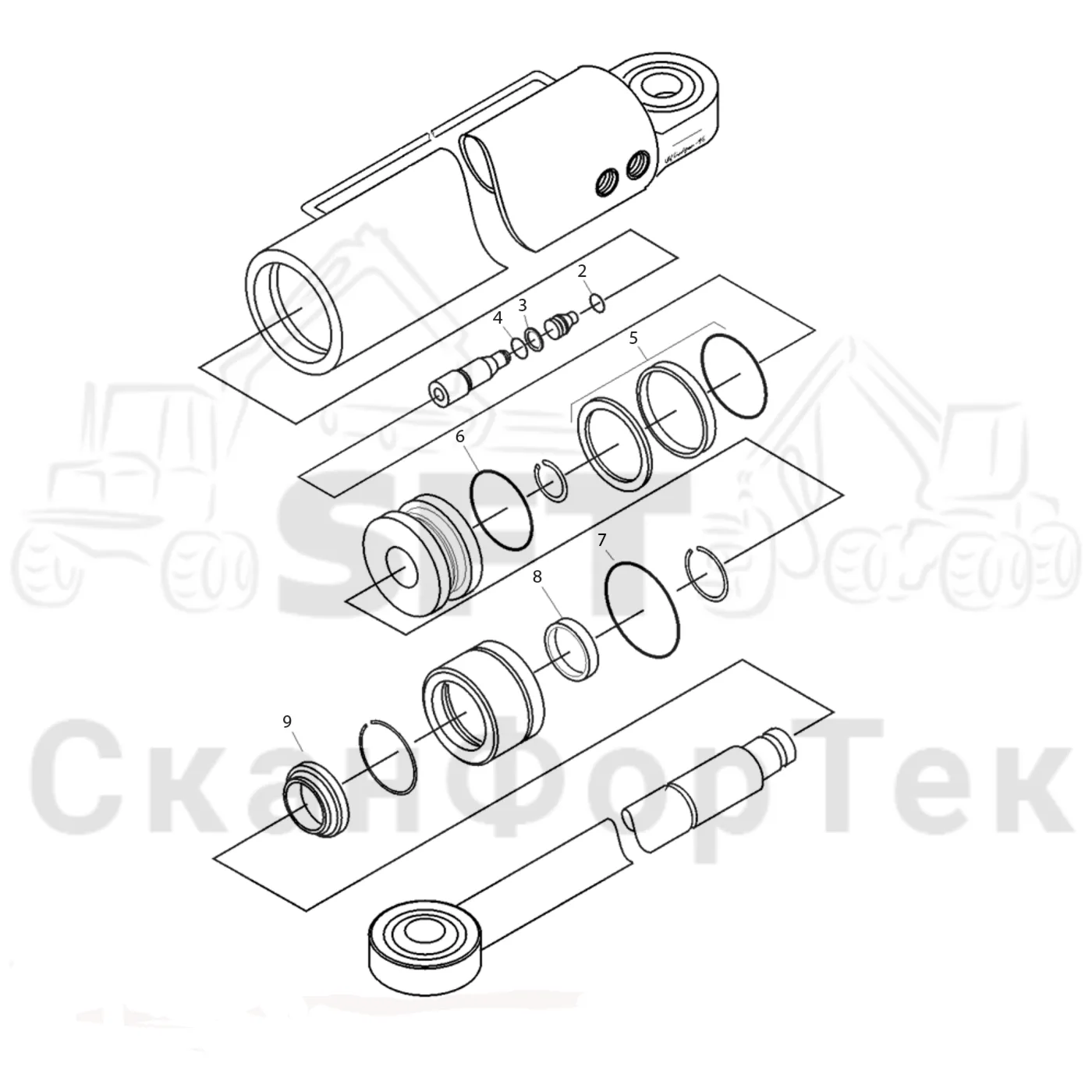 Схема: Valmet / Лесозаготовительные машины / Valmet 901.2 / Valmet 901.2 Ch. 211061- / Valmet 901.2 Ch. 211061- / Каталог запасных частей / Кабина / Кабина / Запасные части цилиндра наклона кабины