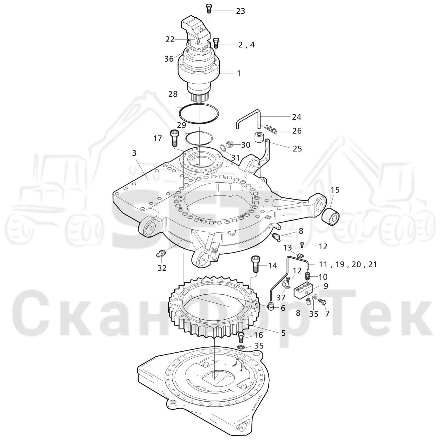 Схема: Valmet / Форвардер / Valmet 840.1 / Valmet 840.1 / Каталог запасных частей / Оборудование захвата / Захват / Valmet 801c Ch -11730 / Каталог запасных частей / Подъемный кран / Поворотное оборудование кабины