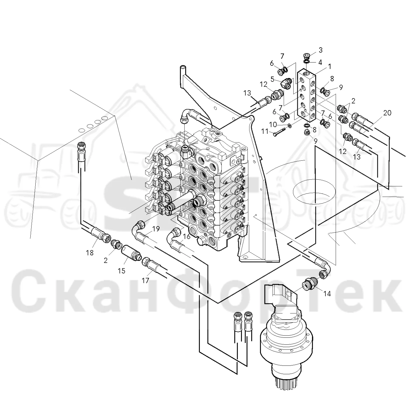 Схема: Valmet / Лесозаготовительные машины / Valmet 801 c / Valmet 801c Ch -11730 / Valmet 801c Ch -11730 / Каталог запасных частей / Подъемный кран / Кабина, гидравлика устройства поворота