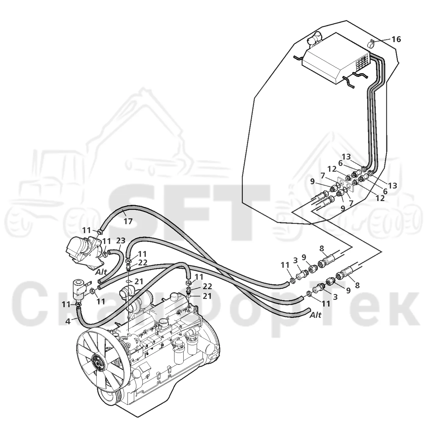 Схема: Valmet / Лесозаготовительные машины / Valmet 801 c / Valmet 801c Ch 11800- / Valmet 801c Ch 11800- / Каталог запасных частей / Кабина / Система обогрева и охлаждения / Обогревание кабины