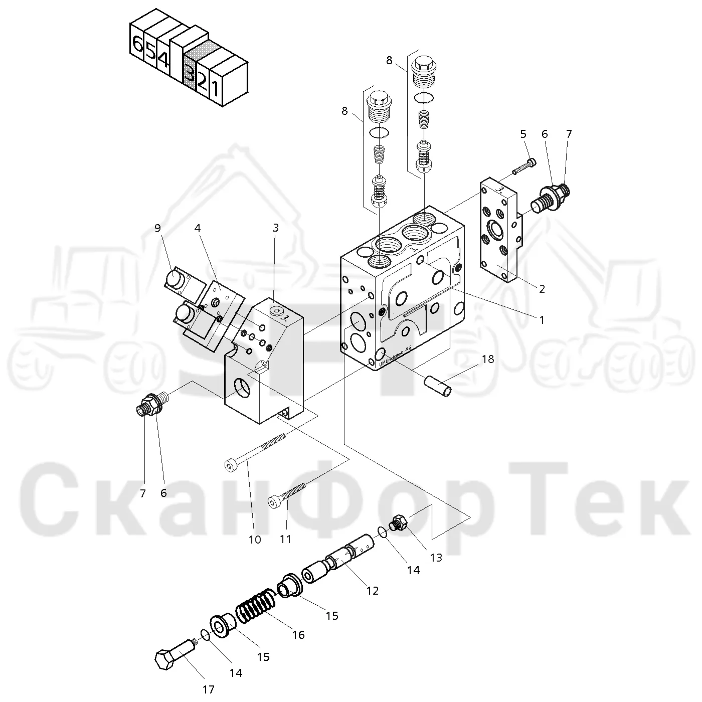 Схема: Valmet / Головки лесозаготовительной машины / Valmet 945 S2 / Valmet 945 S2 / Каталог запасных частей / Valmet 945 S2 / Гидравлический клапан / Клапан 3, питающий