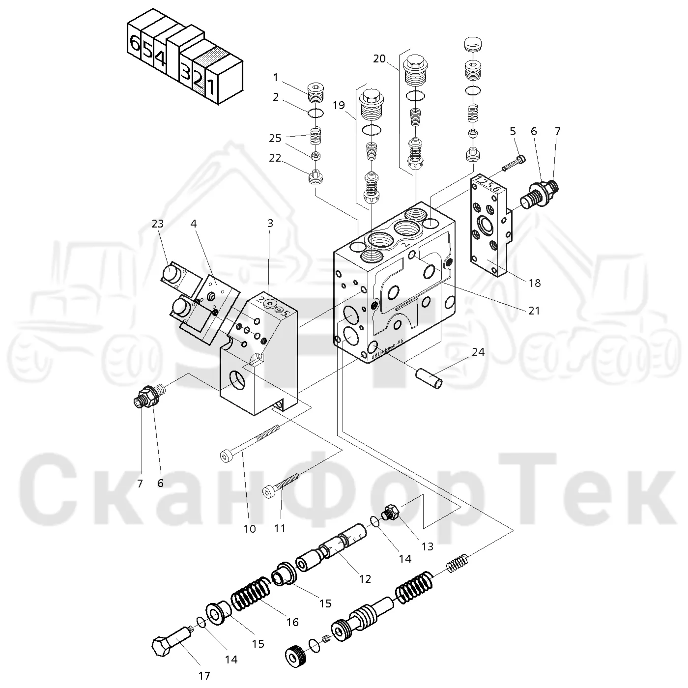 Схема: Valmet / Головки лесозаготовительной машины / Valmet 965 S2 / Valmet 965 S2 / Valmet 965 / Каталог запасных частей / Гидравлический клапан / Клапан, наклон вверх/вниз