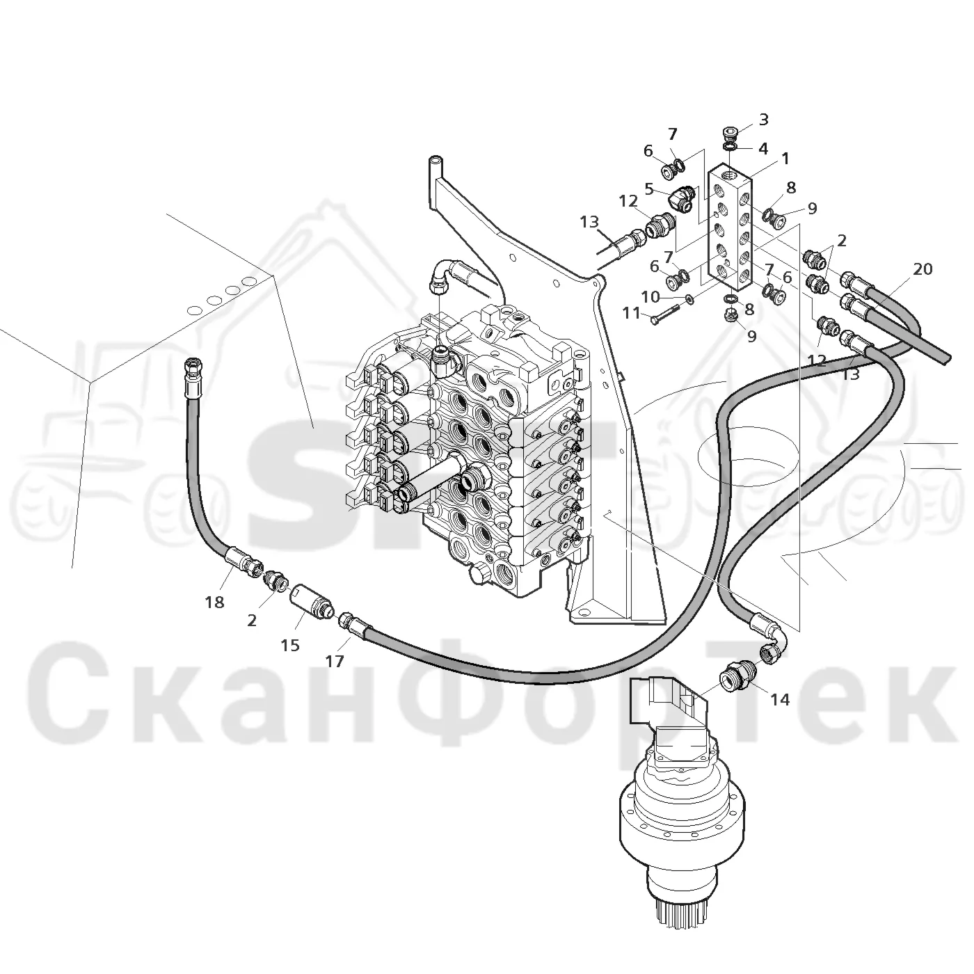 Схема: Valmet / Лесозаготовительные машины / Valmet 801 c / Valmet 801c Ch 11800- / Valmet 801c Ch 11800- / Каталог запасных частей / Подъемный кран / Кабина, гидравлика устройства поворота