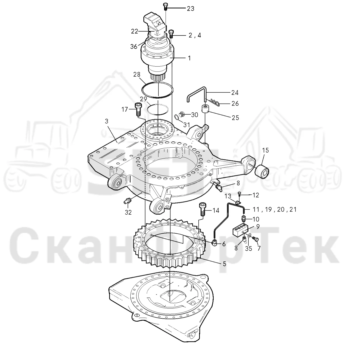 Схема: Valmet / Лесозаготовительные машины / Valmet 901.1 / Valmet 901.1 / Каталог запасных частей / Подъемный кран / Поворотное оборудование кабины