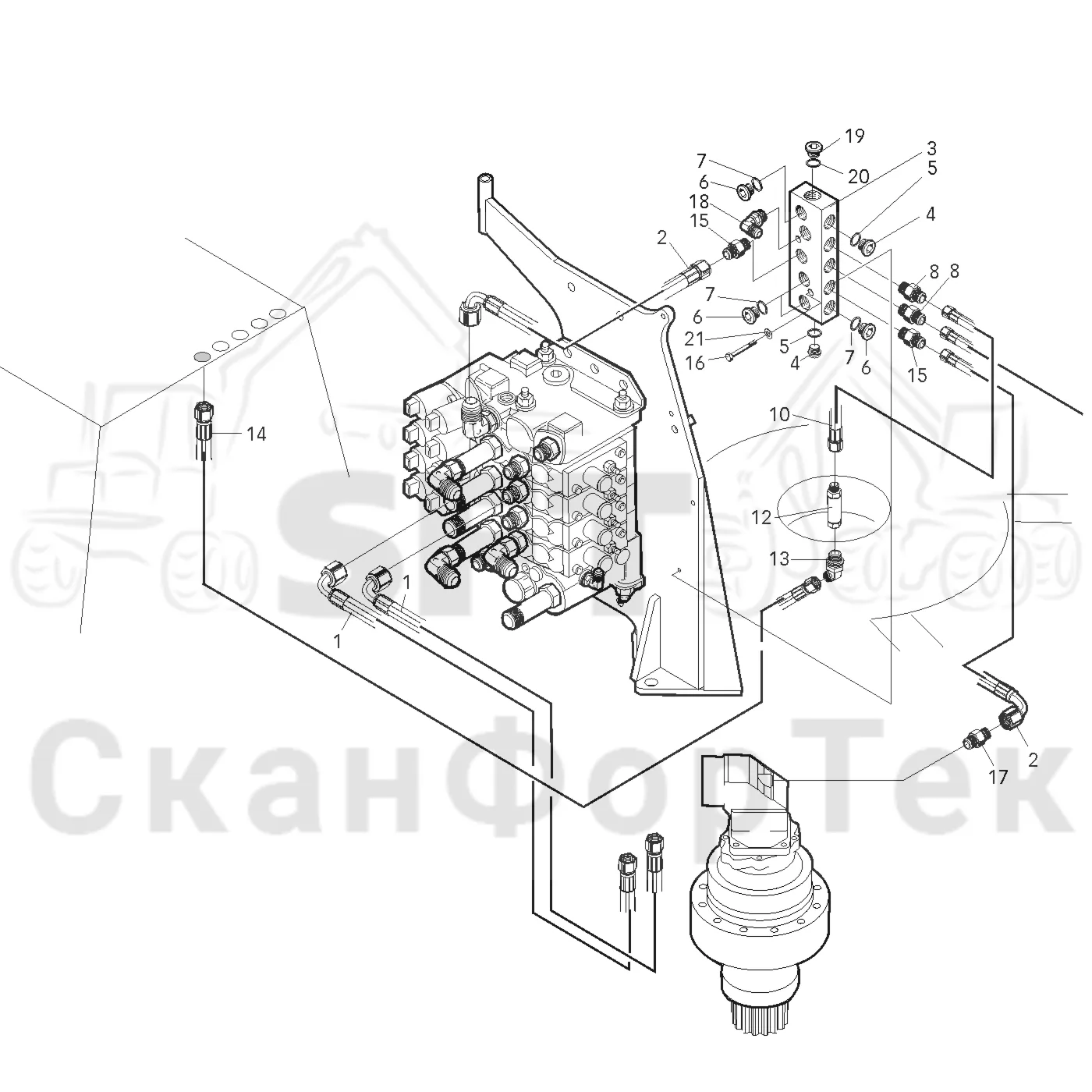 Схема: Valmet / Лесозаготовительные машины / Valmet 901.1 / Valmet 901.1 / Каталог запасных частей / Подъемный кран / Кабина, гидравлика устройства поворота